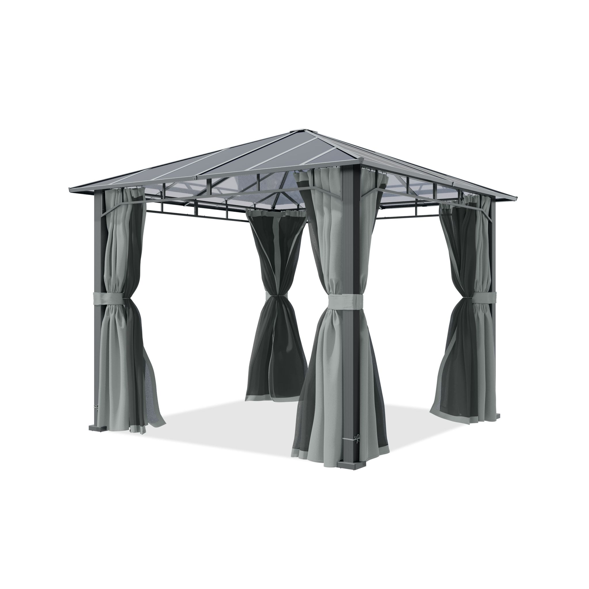 Toolport Gartenpavillon 3x3 M Alu-rahmen, Polycarbonat Dach Ca. 8mm, Grau - Mit Seitenteilen Und Moskitonetzen