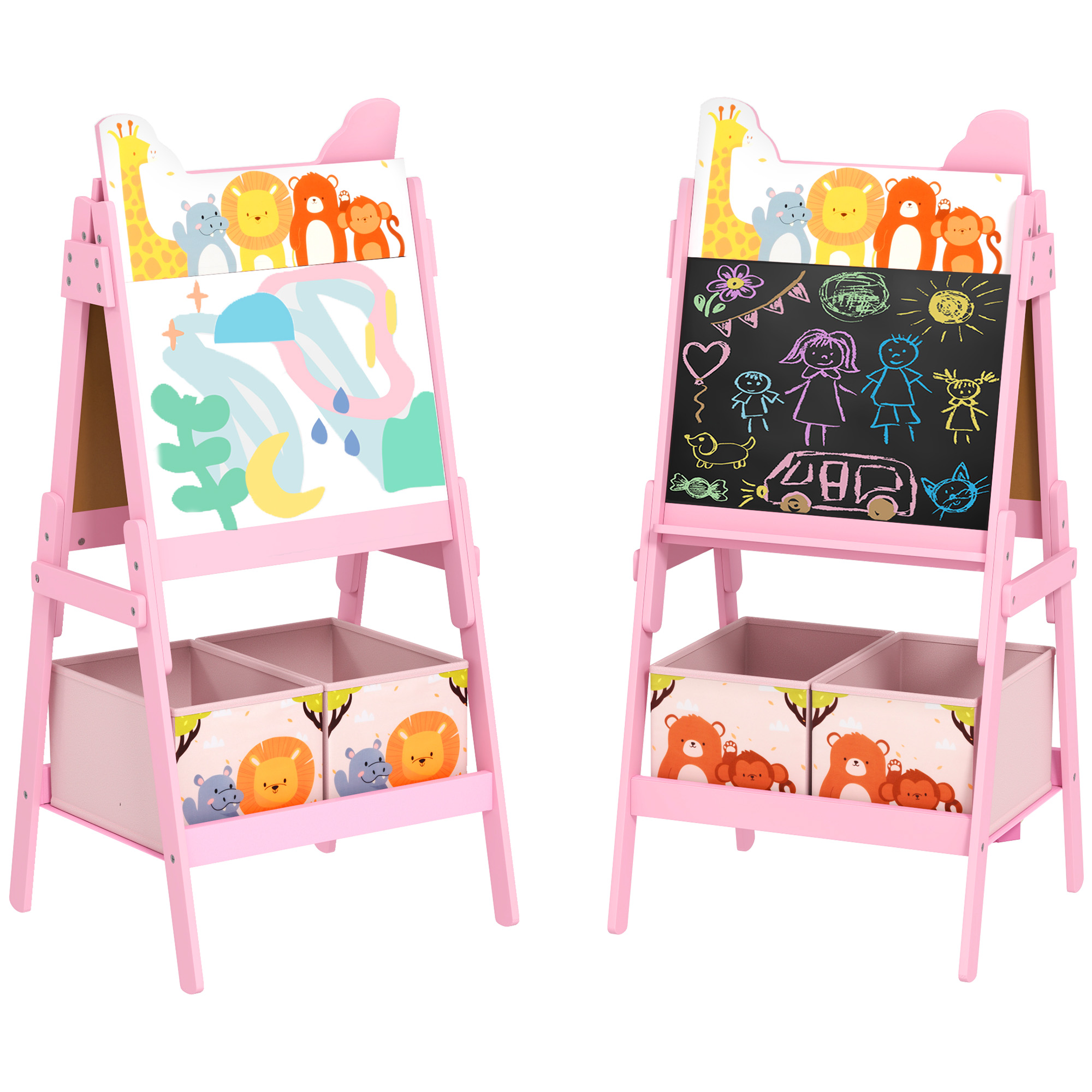 Doppelseitige Kinderstaffelei Mit 2 Stoffboxen, Malstaffelei Mit Tiermotiven Für Kinder, Rosa