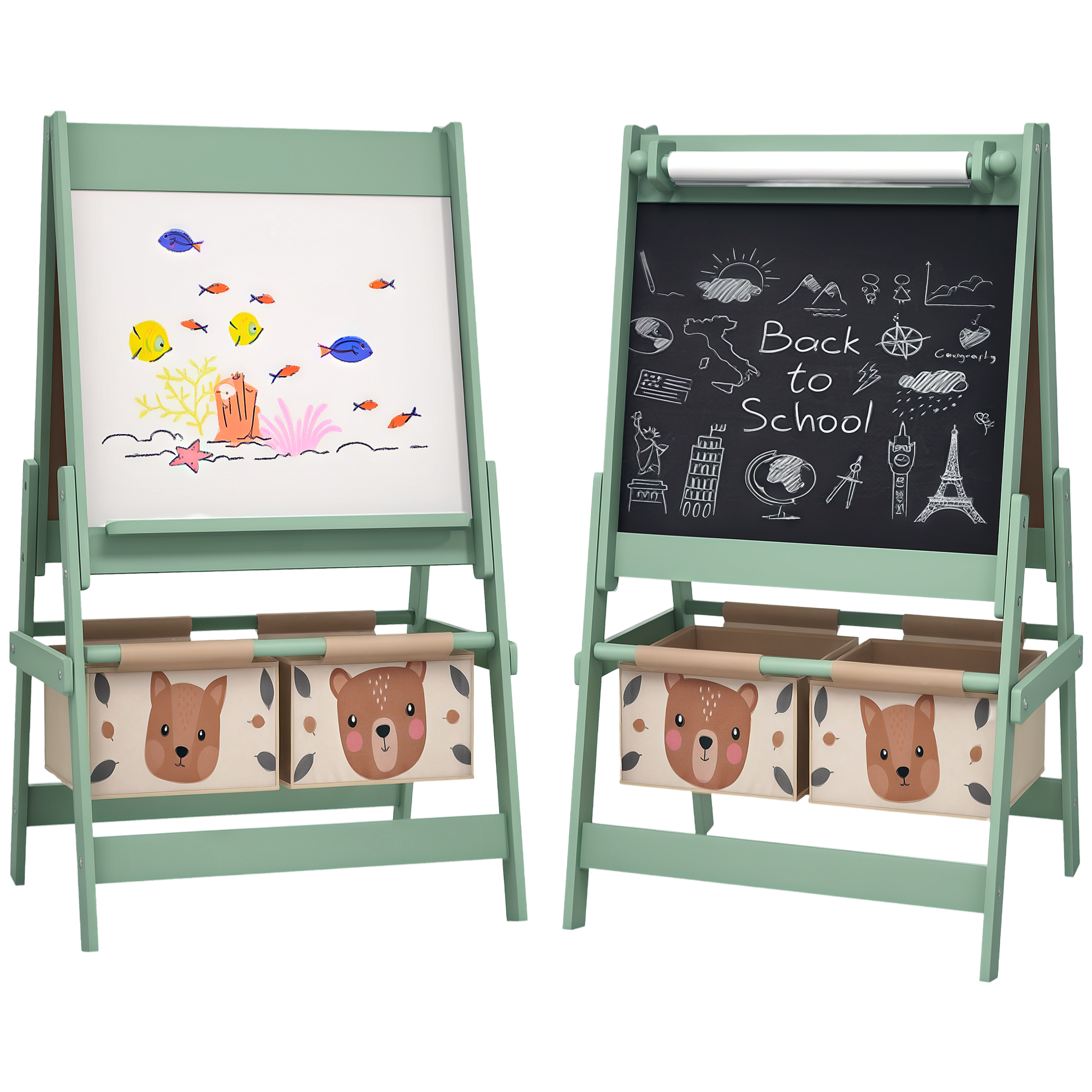3-in-1 Kinderstaffelei Mit Papierrolle, Kreidetafel, Whiteboard Und Aufbewahrungskörben, 54 X 46,5 X 93 Cm, Grün
