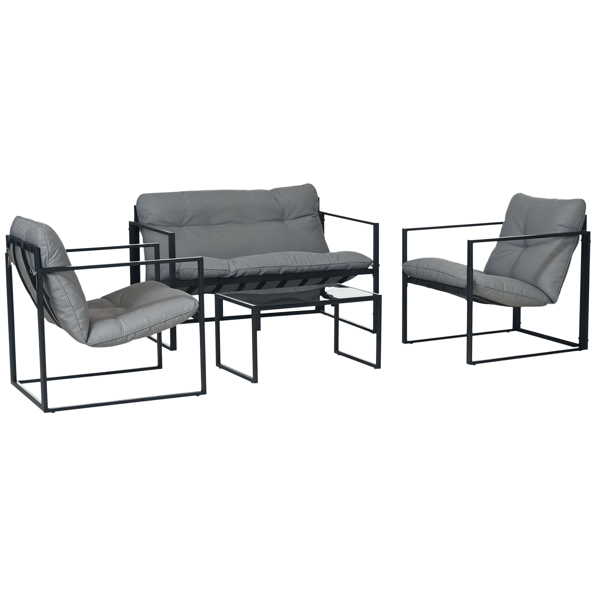 4-teiliges Gartenmöbelset Bestehend Aus Einem Sofa, Zwei Sesseln Und Einem Couchtisch, Aus Stahl, Polyester Und Pp-baumwolle, Schwarz Und Grau.