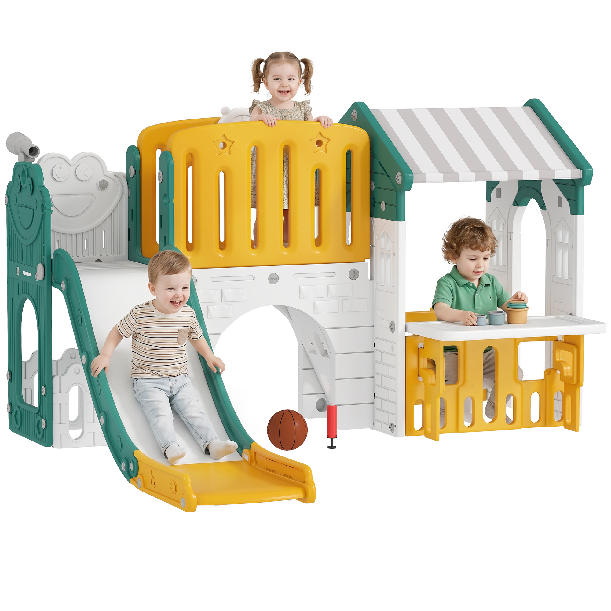 7-in-1-spielset Mit Rutsche, Indoor-spielbereich, Klettergerüst, Spielhaus, Tafel Und Basketballkorb Für Kinder Von 1-4 Jahren, Aus Kunststoff, Gelb Und Grün
