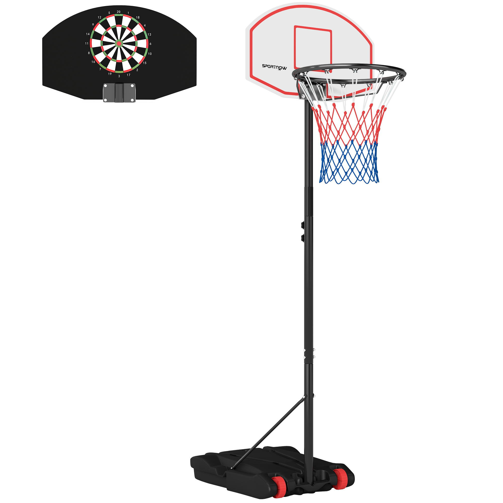 Basketballkorb Mit Dartscheibe, Höhenverstellbar, Wiederaufladbarer Standfuß Und Rollen, 74 X 55 X 210–247 Cm, Schwarz