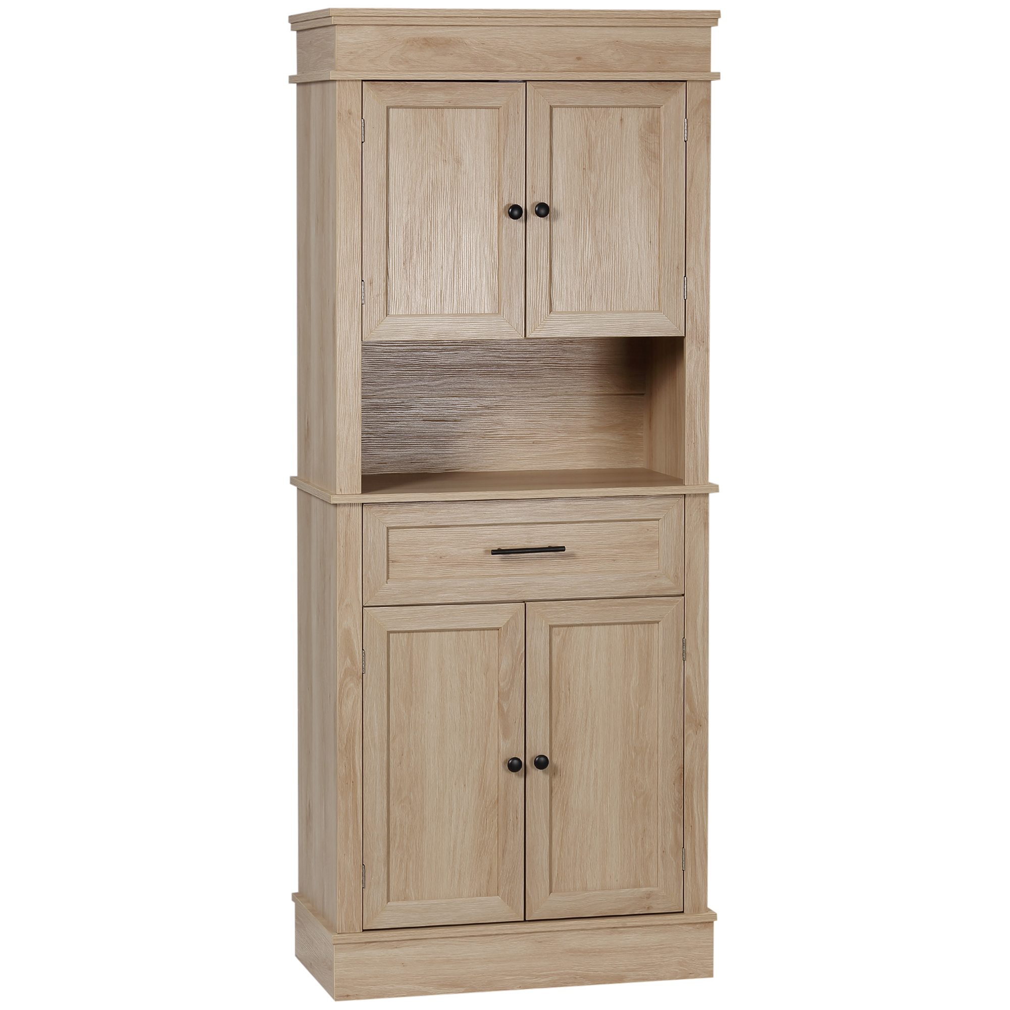 Küchenschrank Mit 4 Türen, 1 Schublade Und Offenem Fach, Mit Mikrowellenfach, 74 X 39,5 X 183 Cm, Eiche