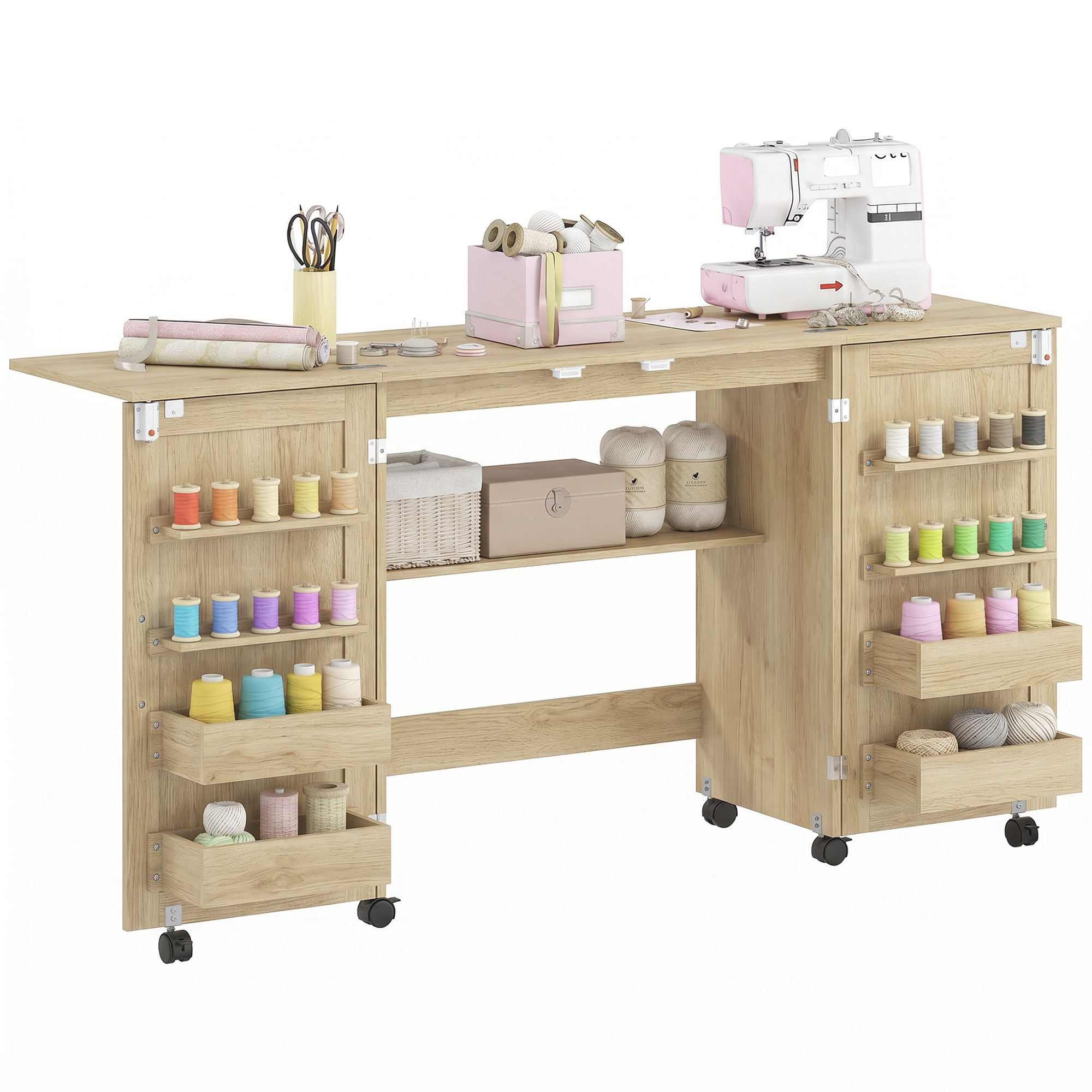 Klappbarer Nähtisch, Nähschrank Auf Rollen, 2 Magnettüren, 4 Ablagen, 20 Haken, 160 X 40 X 83 Cm, Eiche