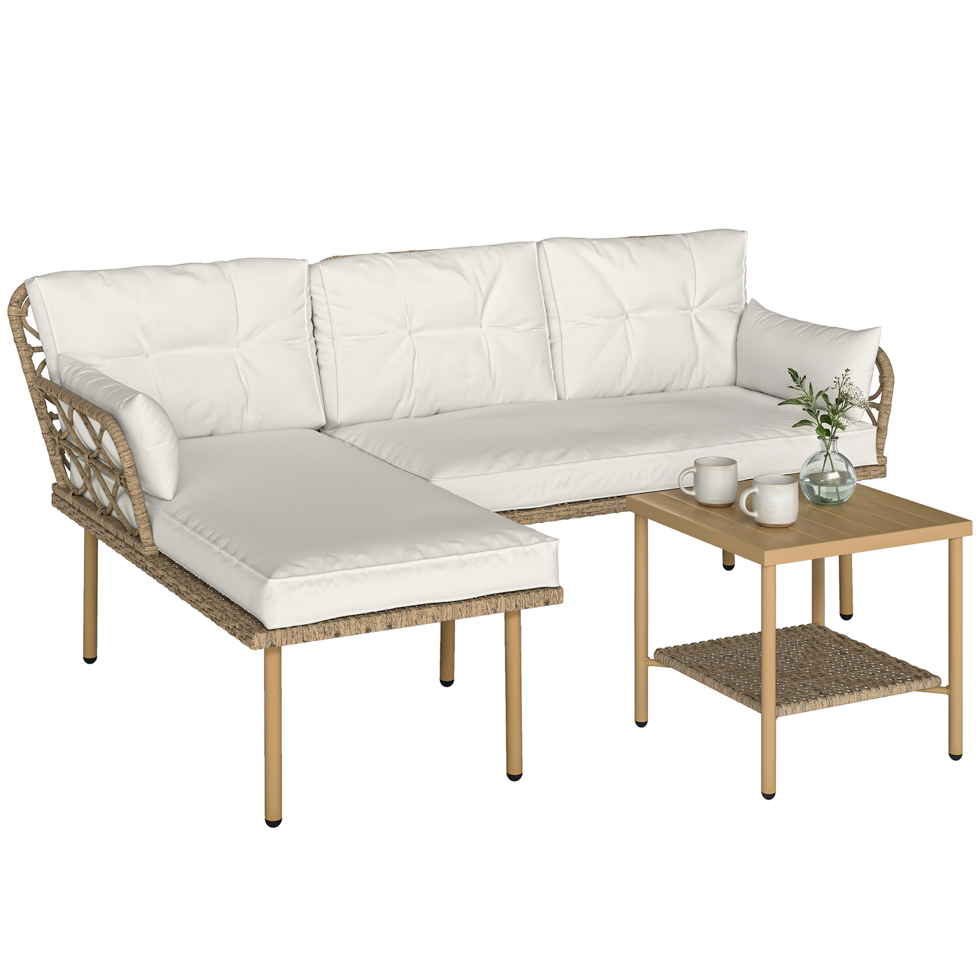 3-teiliges Gartenmöbelset Mit Chaiselongue, Sofa, Kissen Und Couchtisch Aus Rattan Und Stahl, Cremeweiß Und Holz.