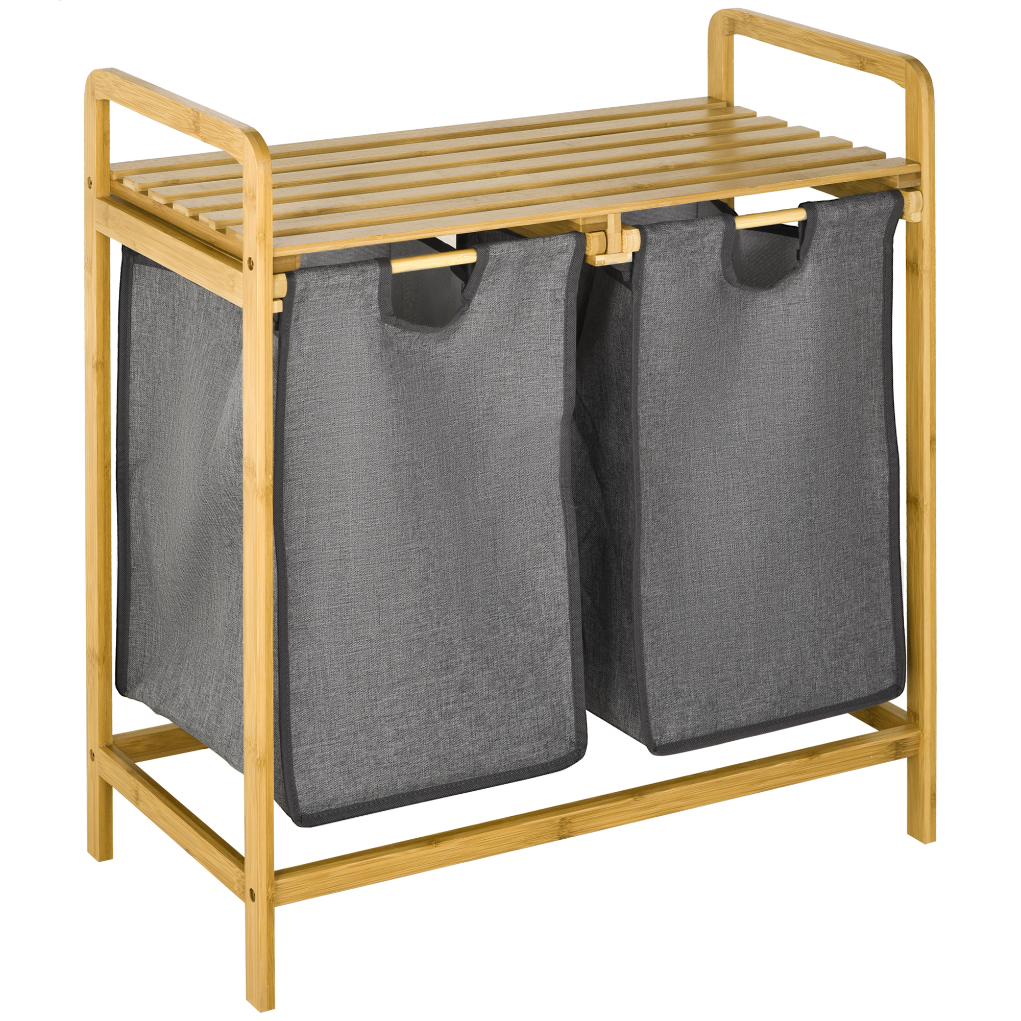 Wäschekorb Aus Bambus Mit 2 Herausnehmbaren Beuteln Und Ablage Fürs Badezimmer, 63,5 X 33 X 73 Cm, Natur Und Grau