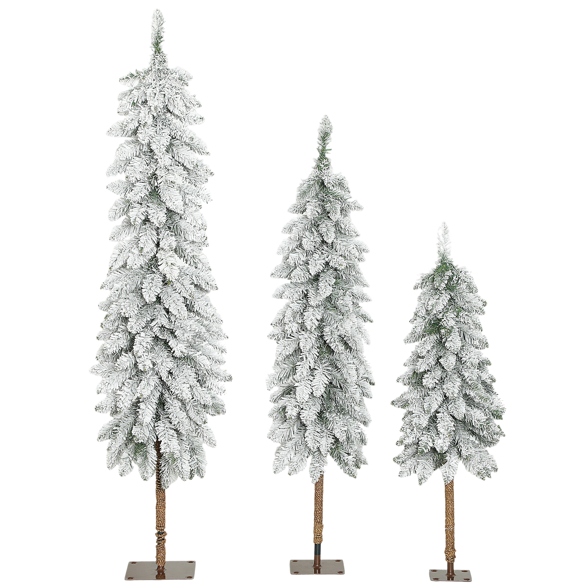 Set Mit 3 Künstlichen, Schneebedeckten Weihnachtsbäumen, 3 Größen, Metallständer, Feuerhemmender Kunststoff, Grün Und Weiß