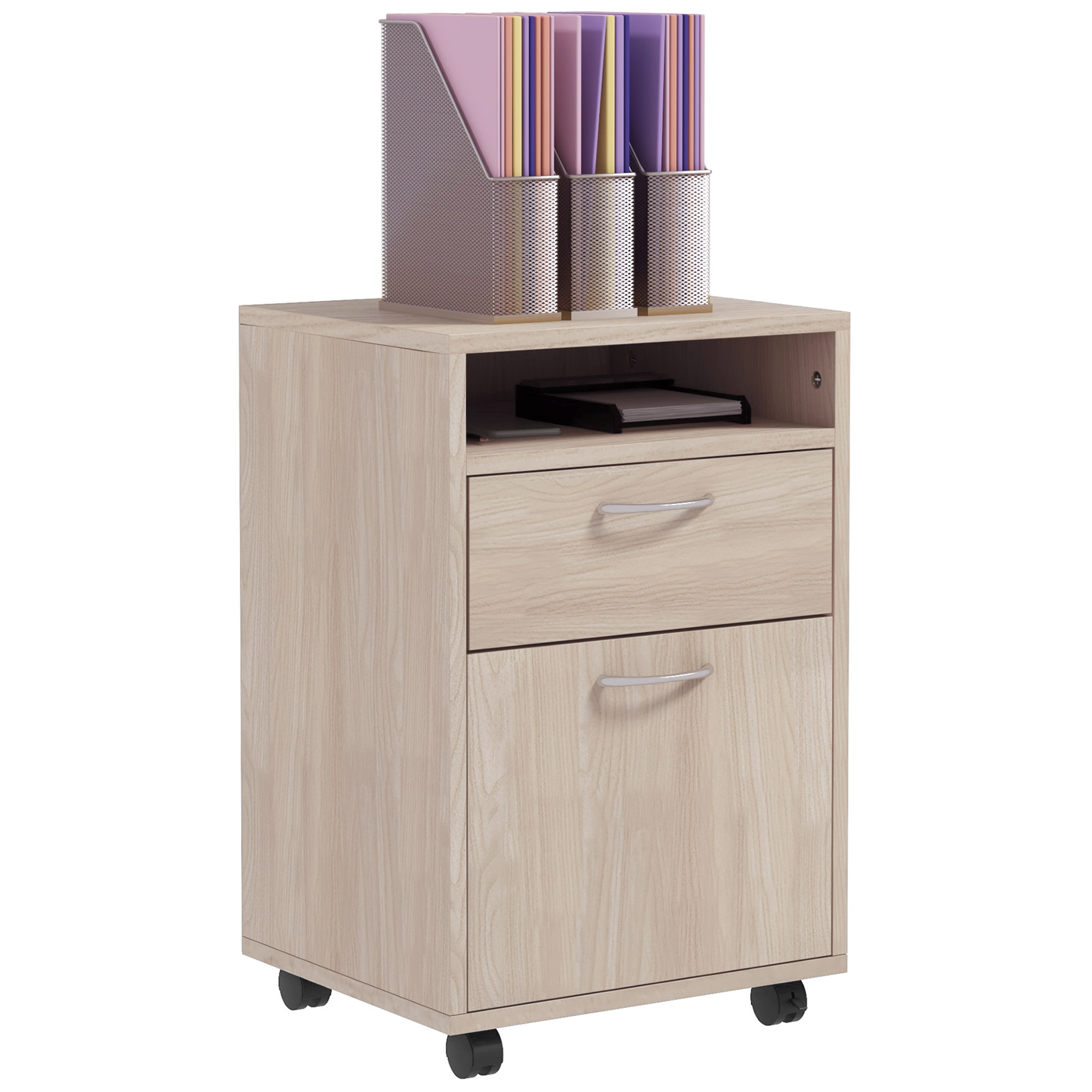 Mobiler Büro-aktenschrank Mit Rollen, Fächern Und Tür, 40 X 35 X 60 Cm, Eiche
