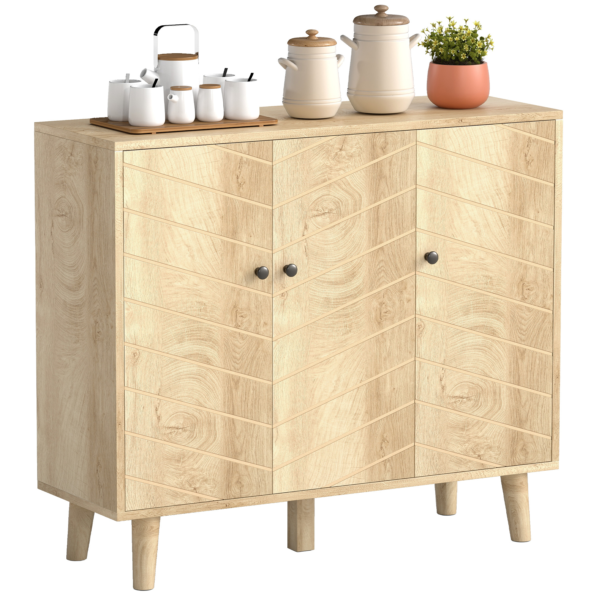 Küchenbuffet, Aufbewahrungsmöbel Mit 3 Türen Im Fischgrätmuster Und Beinen Aus Kiefernholz, 88,3 X 30 X 76 Cm, Naturholz