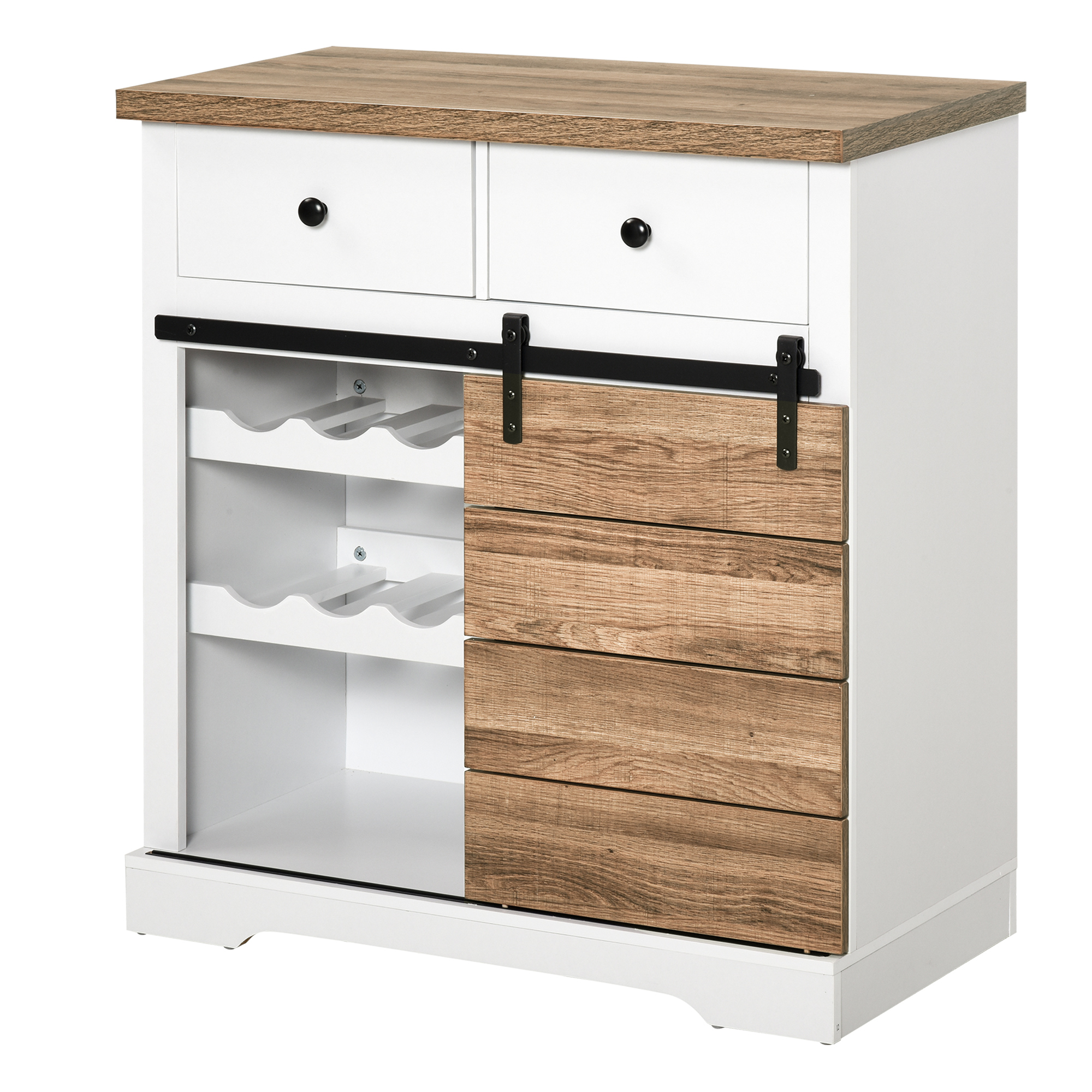 Rustikaler Küchenschrank Mit 2 Schubladen, Offenen Regalen Und Flaschenhalter, Aus Holz Und Metall, 80 X 39 X 86 Cm