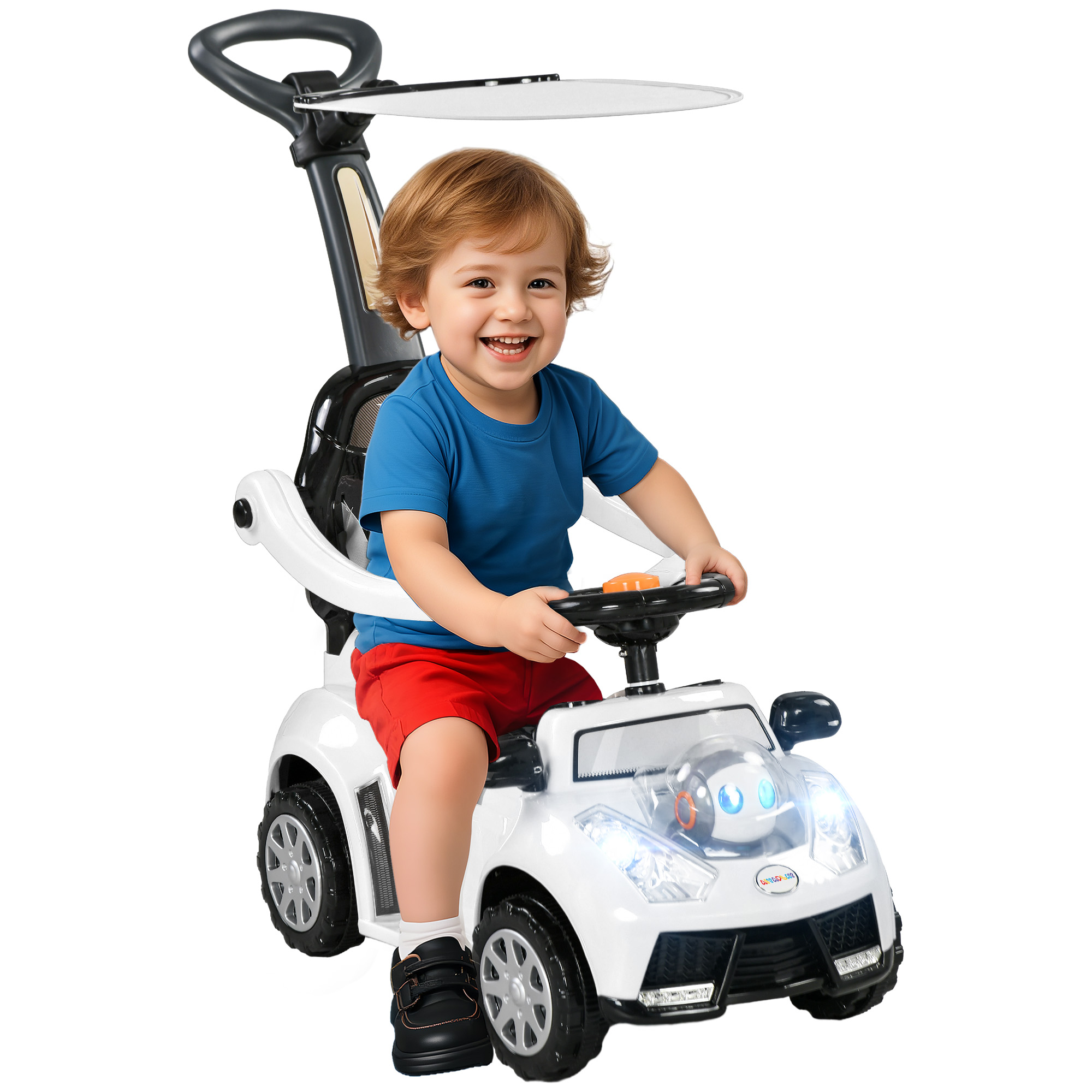 2-in-1-elektroauto Für Kinder, Abnehmbares Verdeck, Lichter, Musik, Hupe, Kunststoff Und Metall, 96 X 39 X 90 Cm, Weiß/schwarz