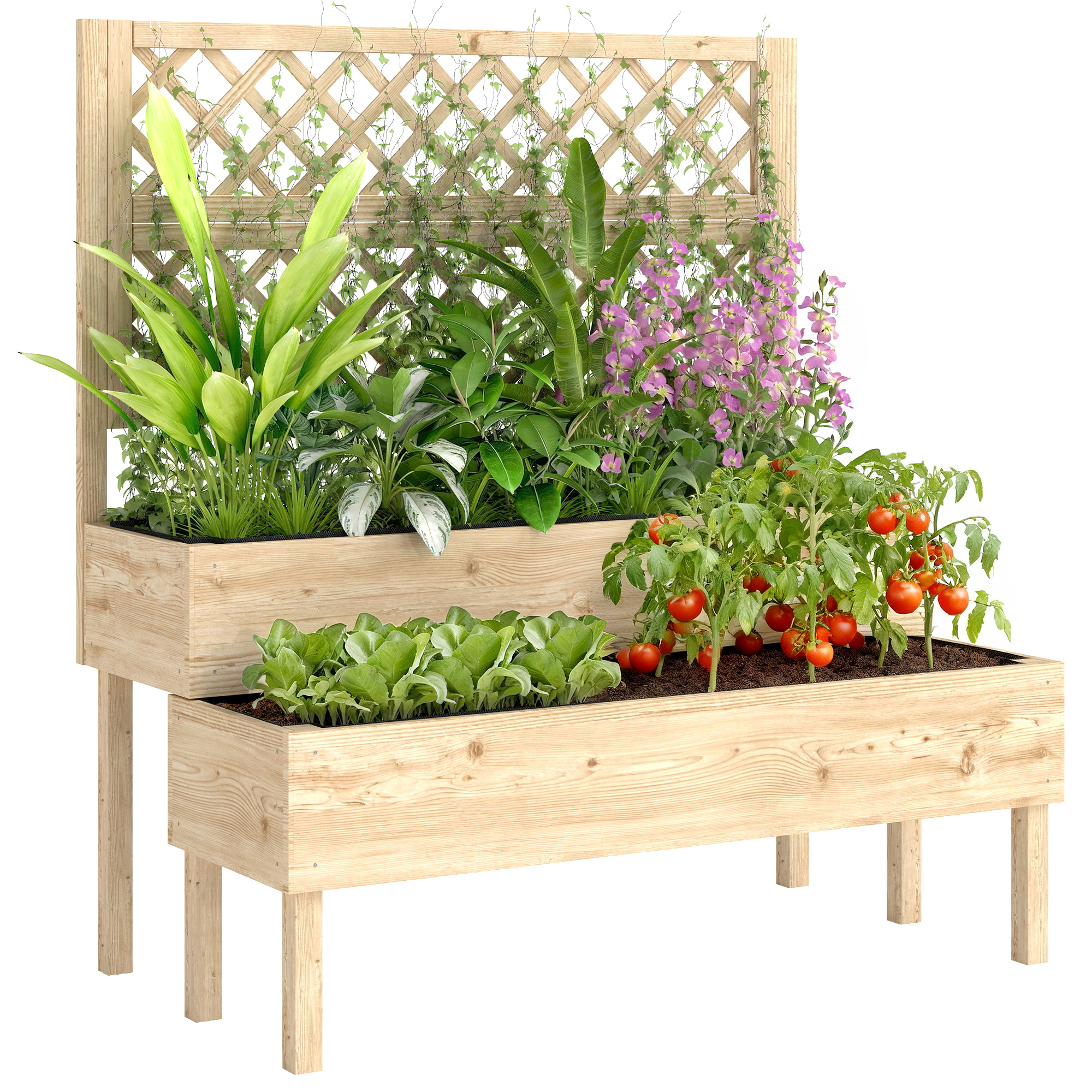 Hochbeet Mit Rankgitter, Zweistöckiger Blumenkasten Mit Zwei Pflanzgefäßen, Aus Holz, 108 X 62 X 120 Cm