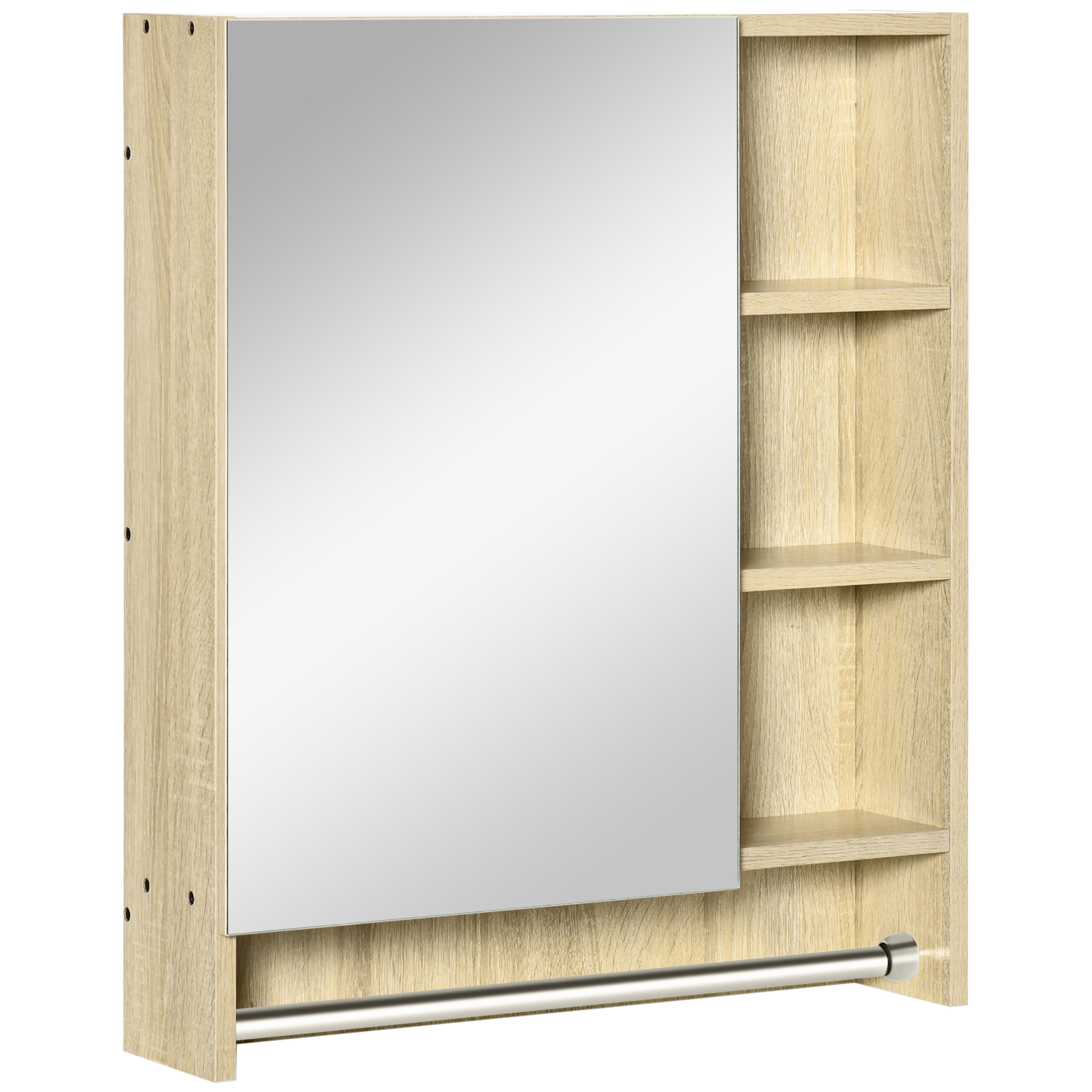 Wandhängender Badezimmerschrank Mit Spiegel, Verstellbaren Einlegeböden Und Handtuchhalter, Kompakte Ausführung Für Waschbecken Oder Wc, 60 X 15 X 70 Cm, Eiche
