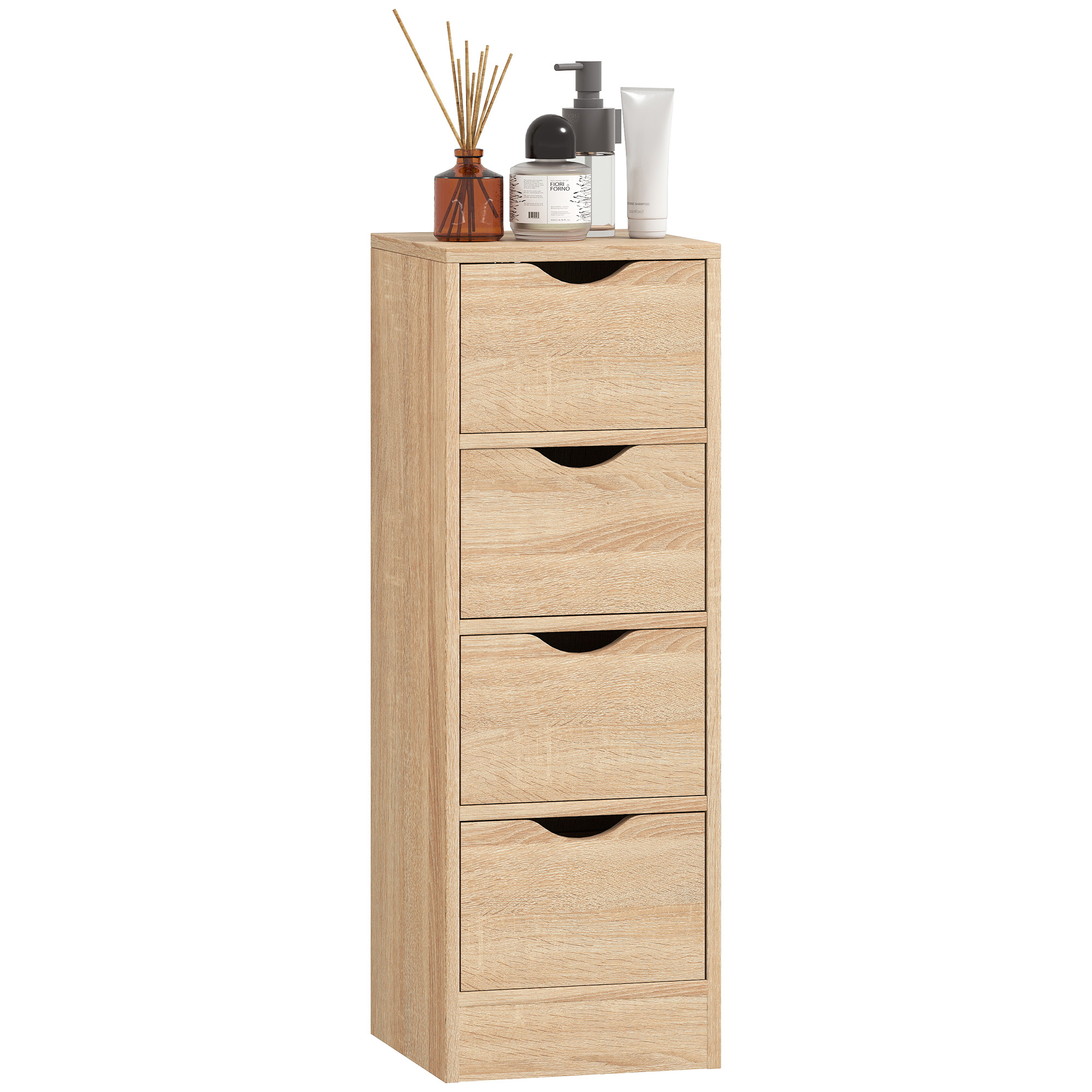 Platzsparender Badezimmerschrank Mit 4 Schubladen Und Geschnitzten Griffen, Nordischer Stil, 29 X 29 X 83 Cm, Naturholz