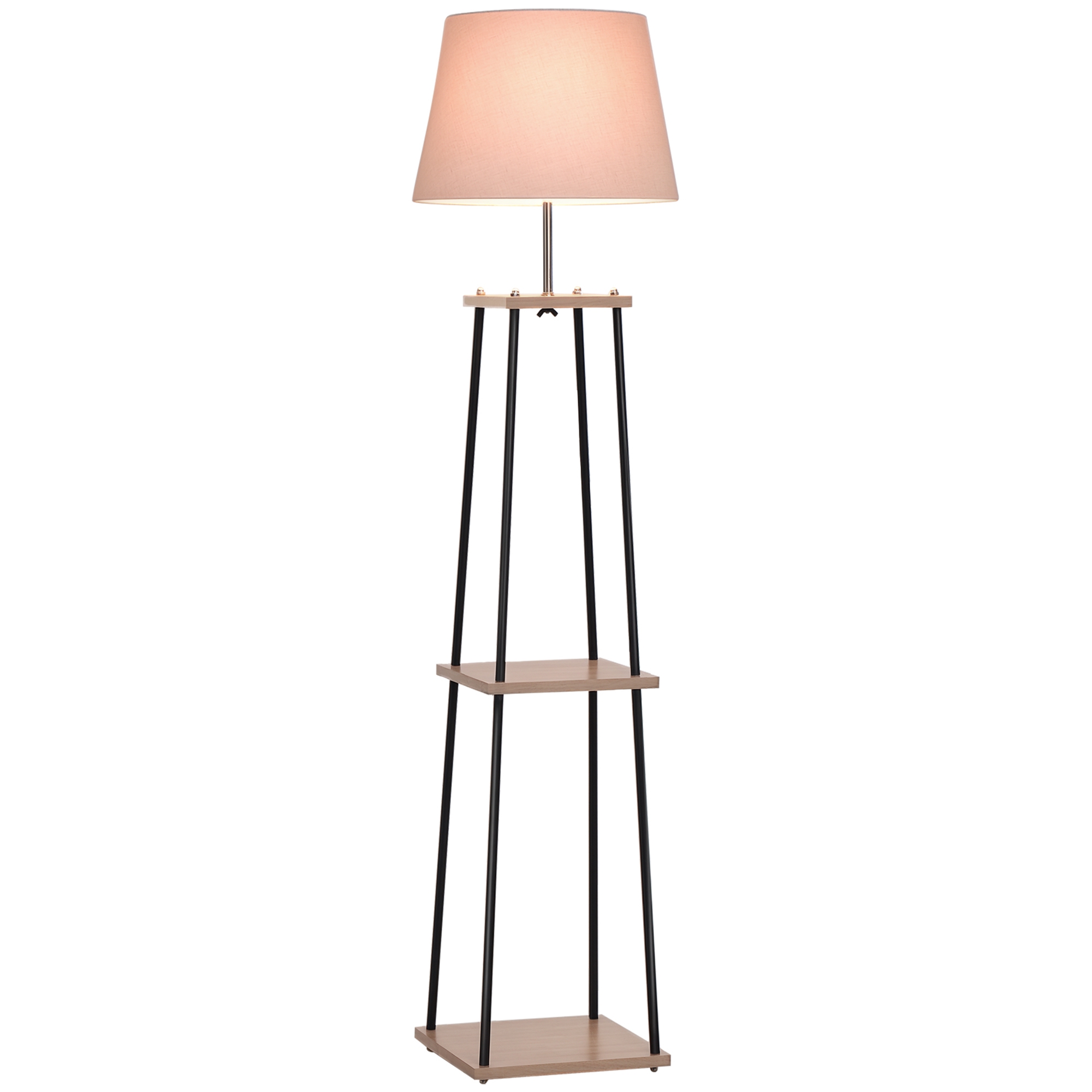 Moderne Stehleuchte, Maße 40 X 40 X 160 Cm (l X B X H), Max. 40 W, 3 Integrierte Ablagen, Kiefernholz Massiv, Schwarzes Metall, Beigefarbenes Leinen