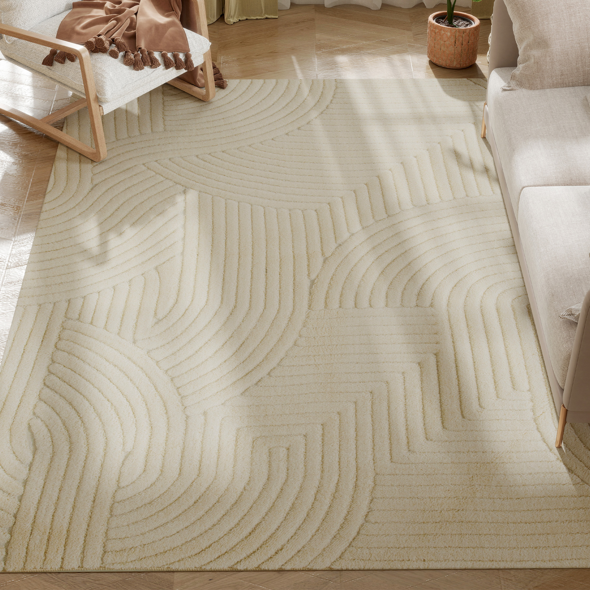 Moderner, Rutschfester Teppich Aus Polyester Und Baumwolle, Gestreiftes Muster, Für Wohn- Oder Schlafzimmer, Cremefarben.
