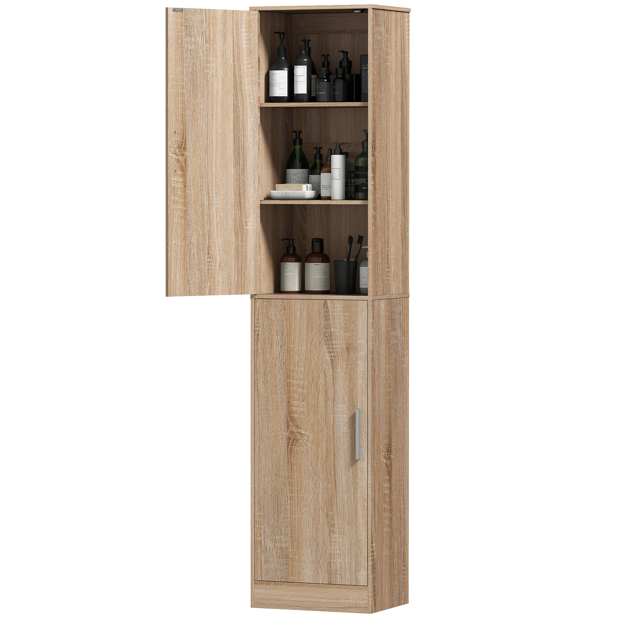 Badezimmerschrank Mit 2 Türen Und 4 Verstellbaren Einlegeböden, 40 X 35 X 180 Cm, Naturholz