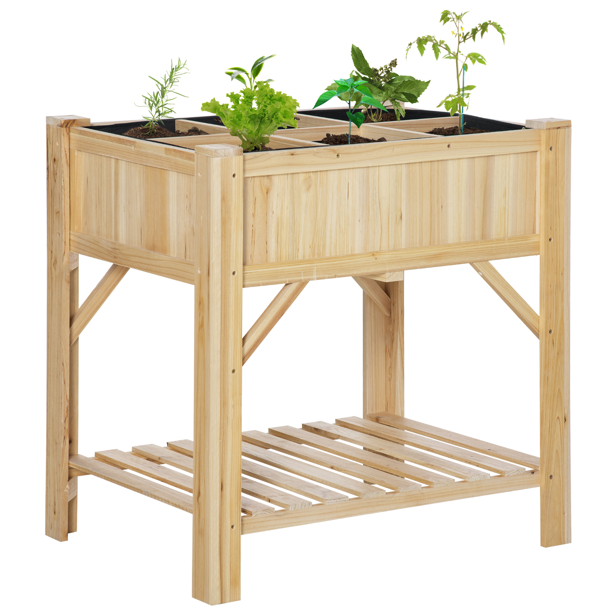 Erhöhter Pflanzkasten Aus Holz, 78,5 X 58 X 81 Cm, Mit 6 Fächern Und Einer Unteren Ablage Für Pflanzen Und Blumen, Ideal Für Garten, Terrasse Oder Außenbereich. Naturfarbe.