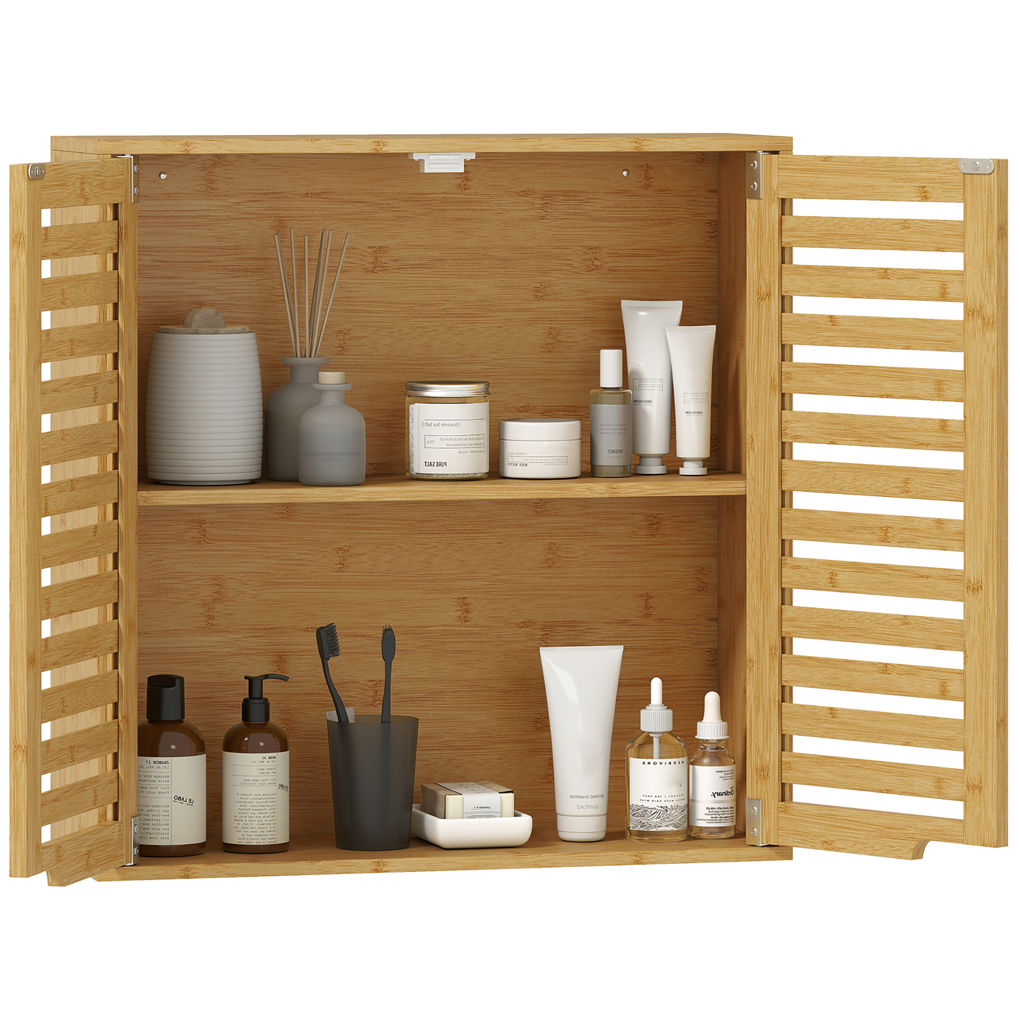 Wandhängender Badezimmerschrank Aus Bambus, Schwebender Badezimmerschrank Mit Verstellbarem Einlegeboden, Türen Aus Naturlamellen.