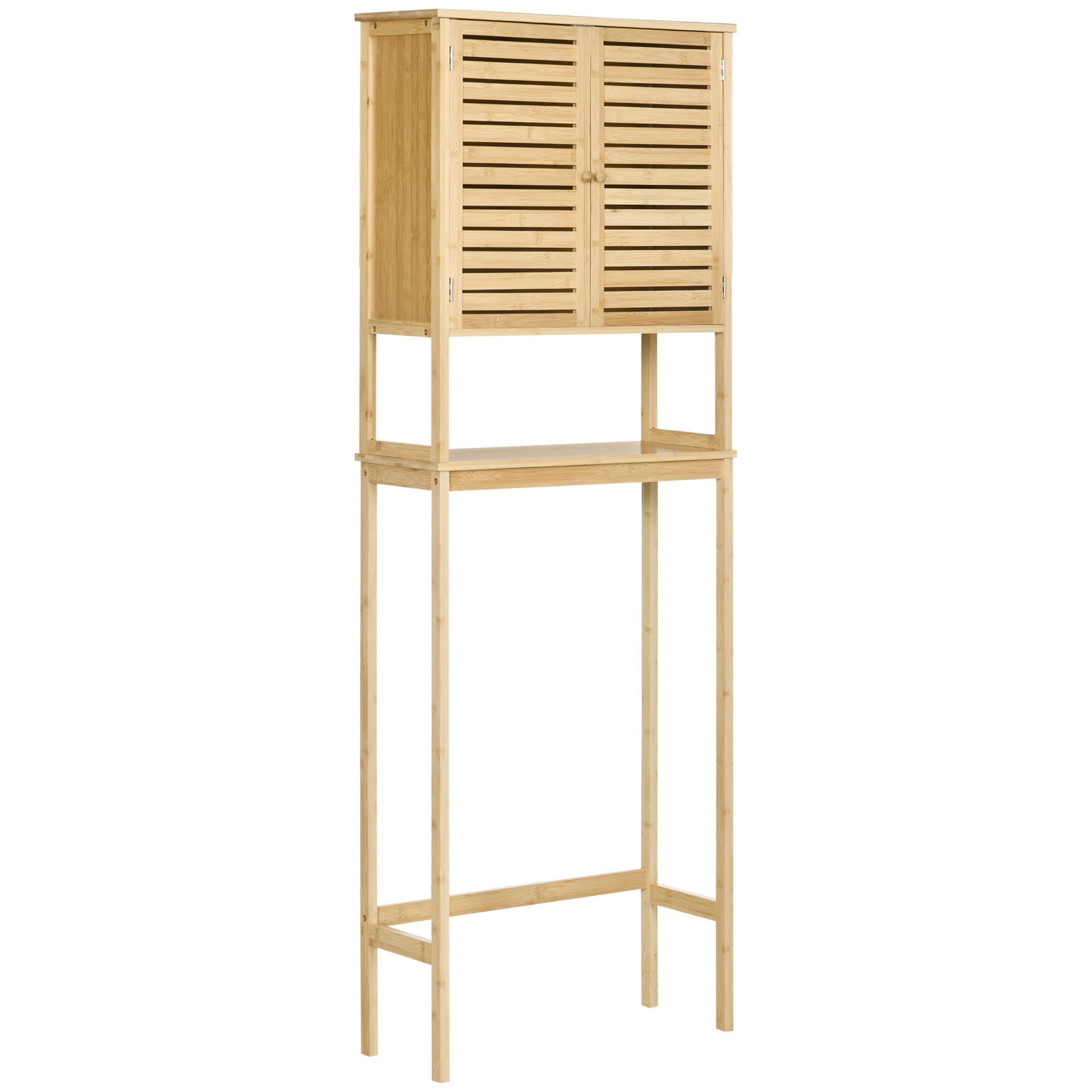 Badezimmerschrank Aus Natürlichem Bambus Mit 2 Türen, 1 Einlegeboden Und 1 Ablagefach Für Waschmaschine Und Toilette. Maße: 60 X 23 X 173 Cm.