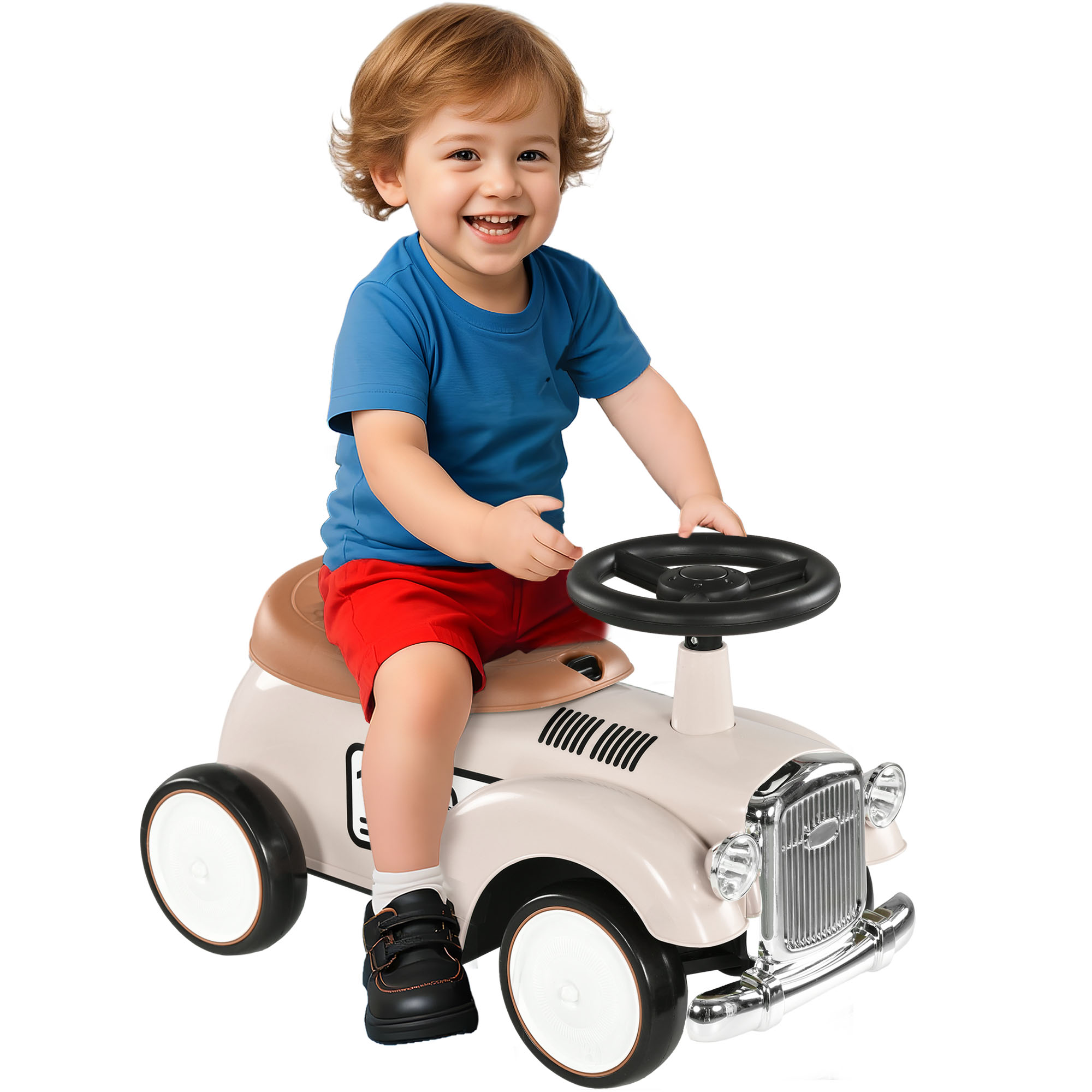 Elektrisches Kinderauto Für Babys Von 12 Bis 36 Monaten Mit Hupe, Staufach Und Lenkrad, 58 X 27 X 35 Cm, Cremefarben