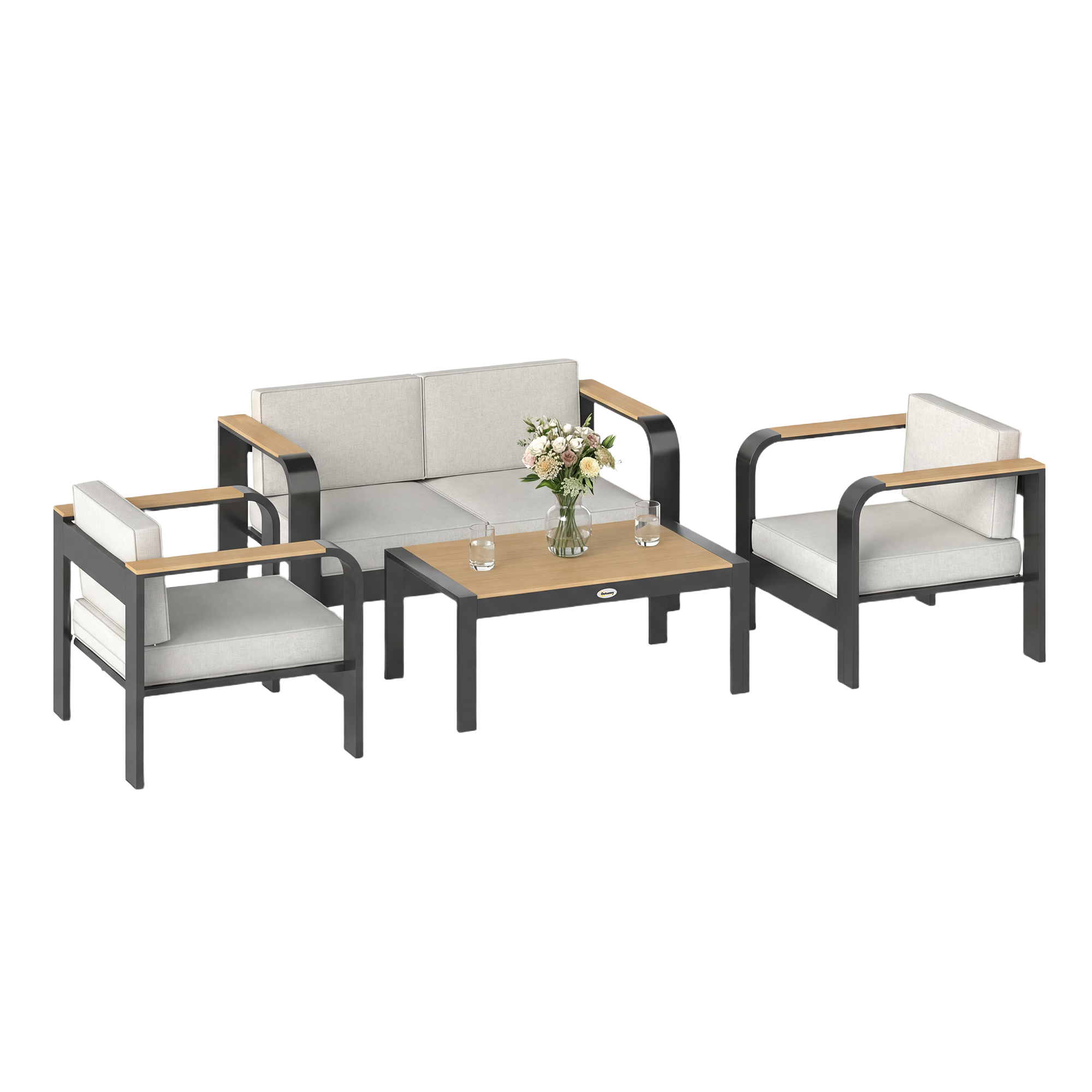 Gartenmöbelset, Aluminium-gartenlounge Für 4 Personen, Wasserabweisend, Extra Tief, Bestehend Aus Einem 2-sitzer-sofa, 2 Sesseln Und Einem Beistelltisch.