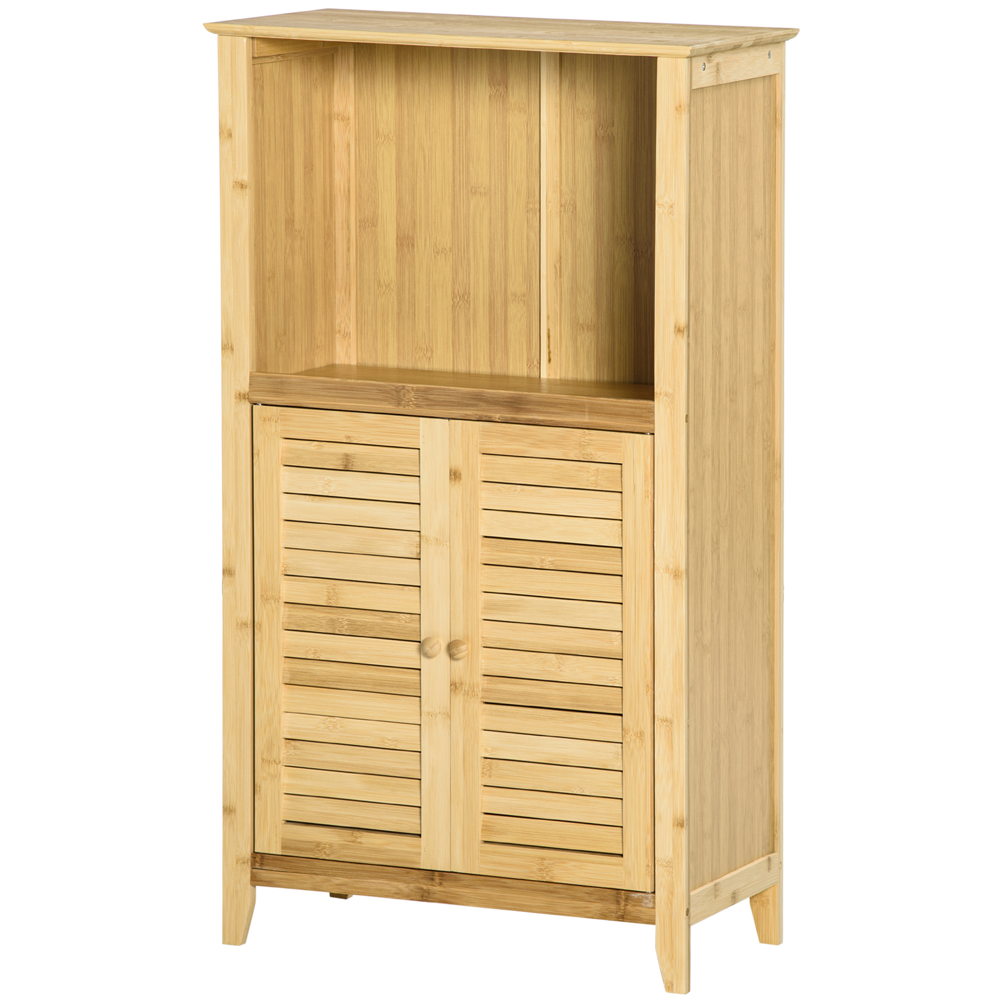 Badezimmerschrank Aus Bambus Mit 2 Türen, Offenem Fach Und Verstellbarem Einlegeboden, 50 X 25,5 X 92 Cm, Natur