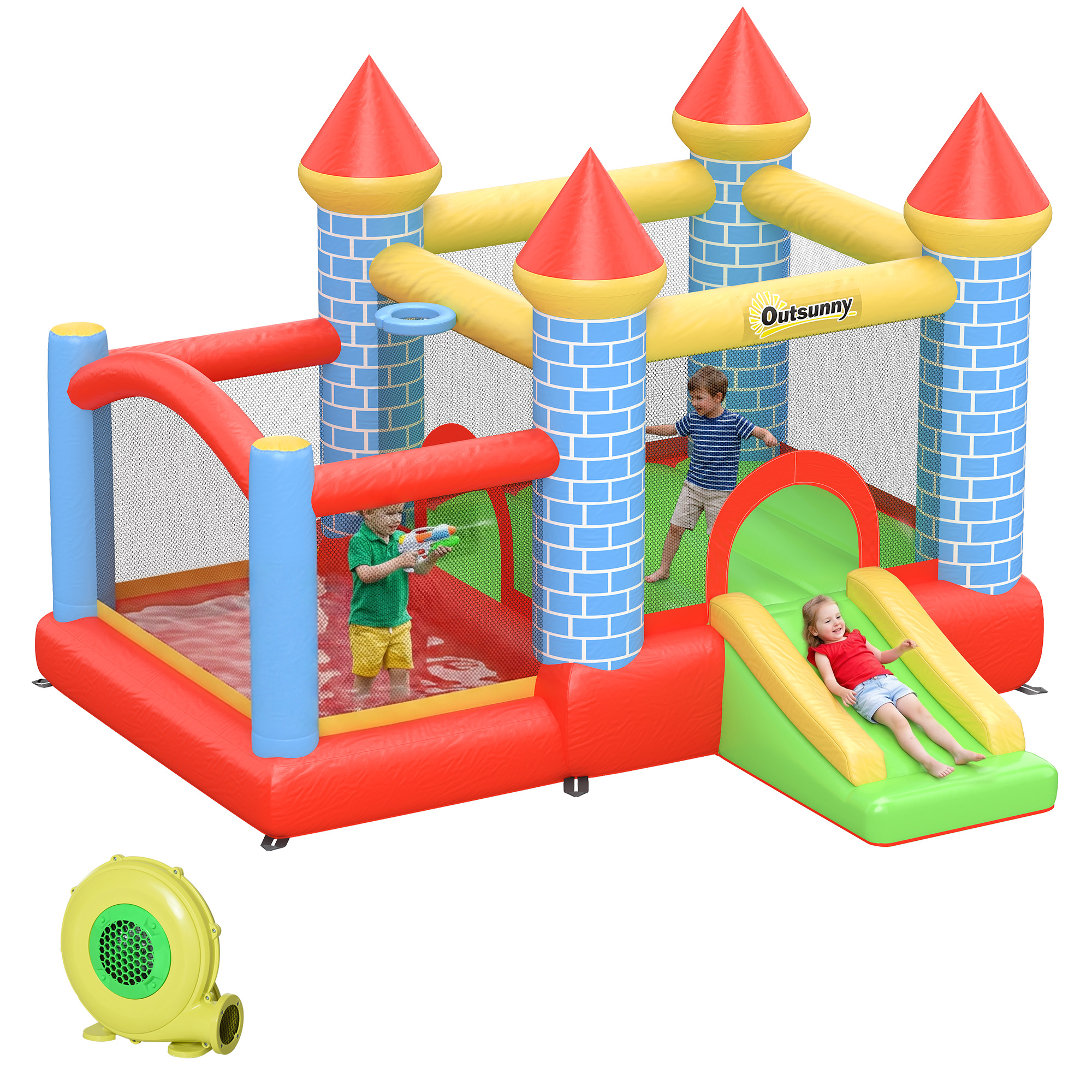 Aufblasbare Hüpfburg Mit Rutsche Und Pool Für 3 Kinder, Inklusive Pumpe, Für Kinder Von 3 Bis 8 Jahren, Rot, Blau Und Grün, 280 X 260 X 210 Cm