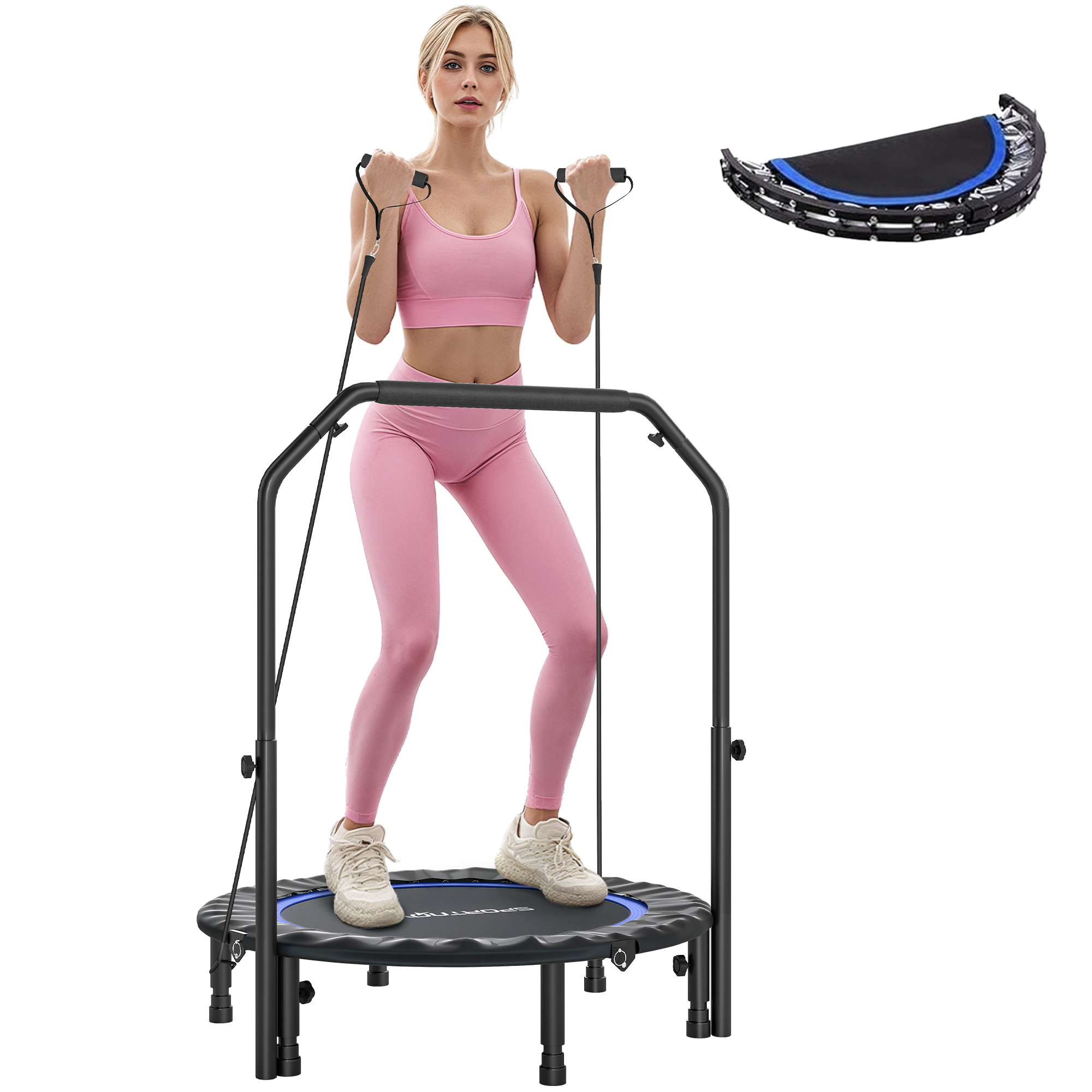 Klappbares Trampolin Ø102 Cm Mit Verstellbarem Griff, Stahlrahmen Zur Bein- Und Körperverstärkung, Blau Und Schwarz