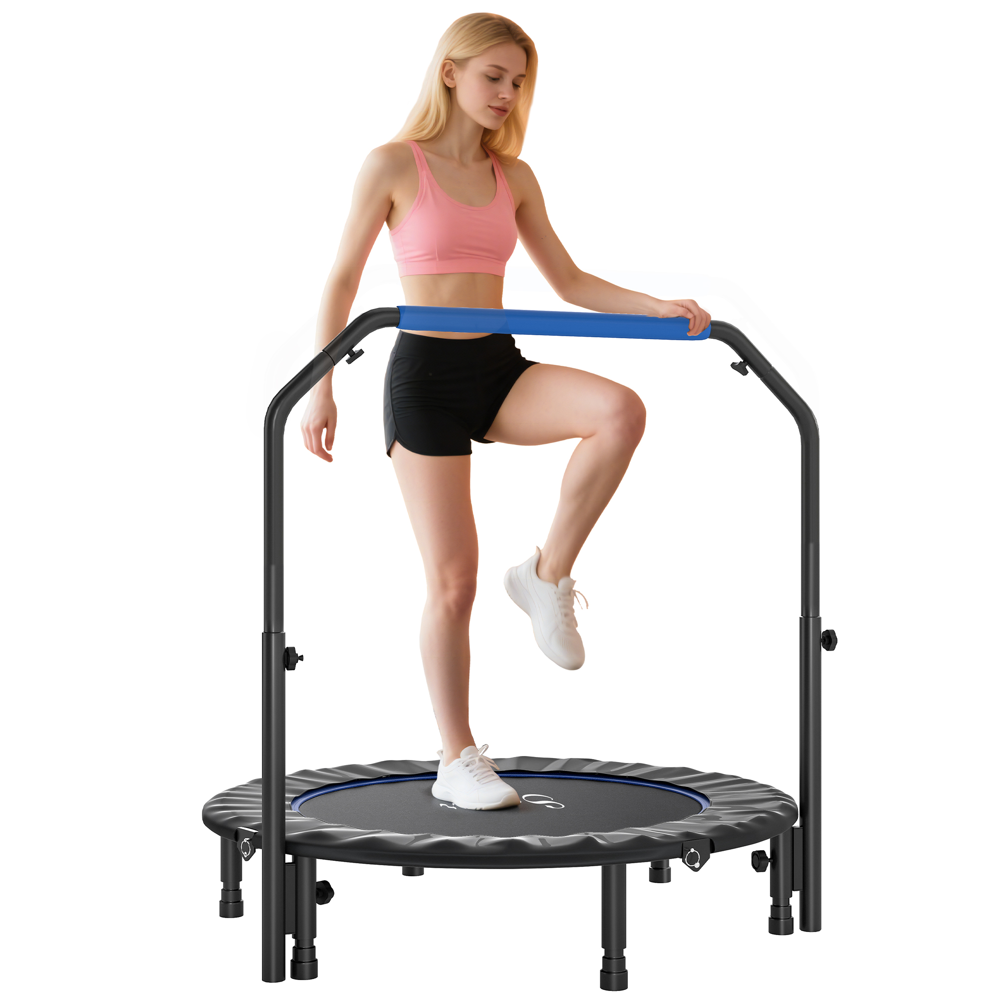 Mini-fitnesstrampolin, Faltbar, Ø 114 Cm, Mit Höhenverstellbaren Haltegriffen, Blau Und Schwarz