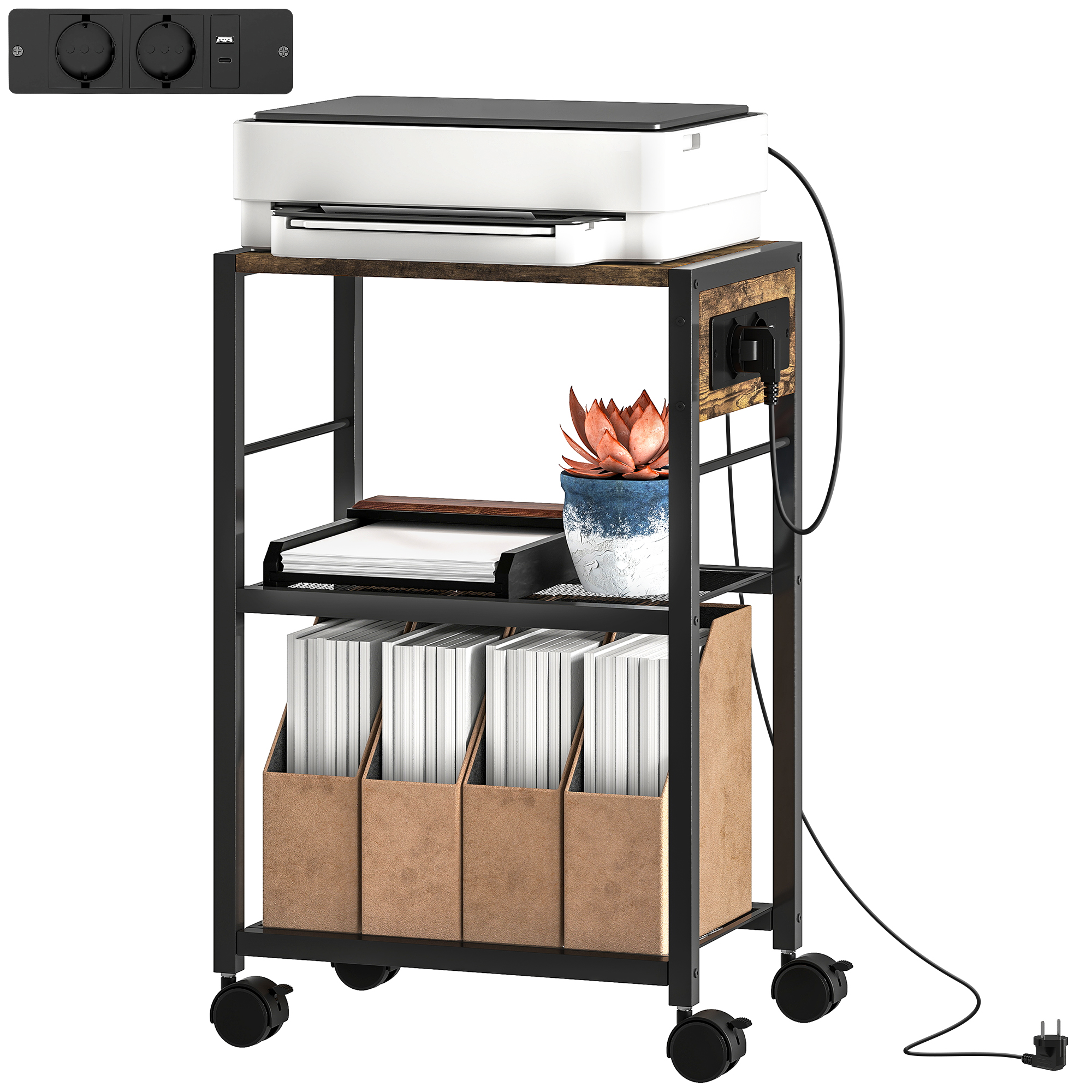 Druckerständer/regal Mit Rollen, Steckdosen, Usb- Und Usb-c-anschlüssen, Tragkraft Bis Zu 40 Kg, Rustikale Braune Farbe.