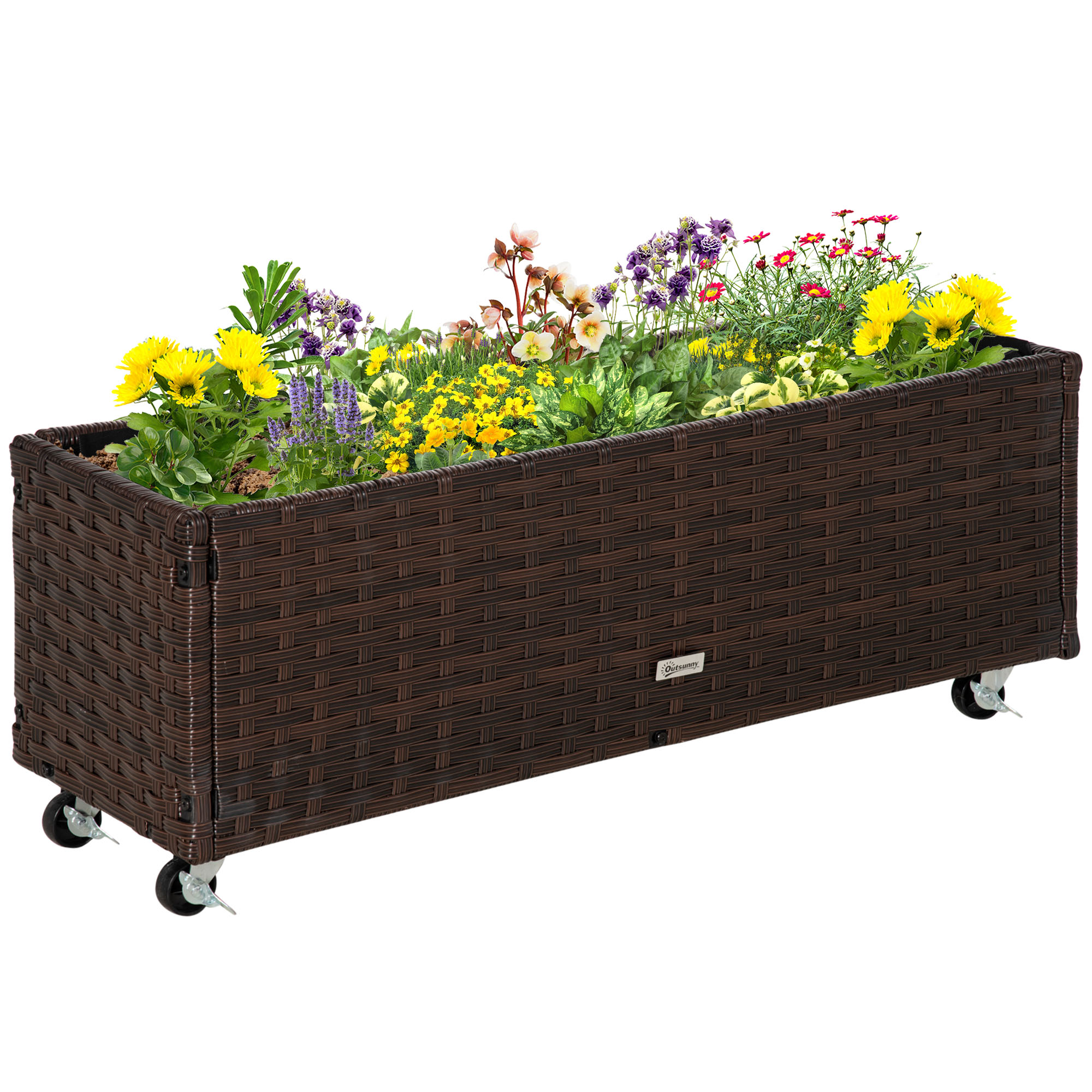 Erhöhter Pflanzkasten Aus Polyrattan Auf Rollen, Blumenkasten Mit Abflusslöchern, Kaffeefarben, 94,5 X 31 X 36 Cm