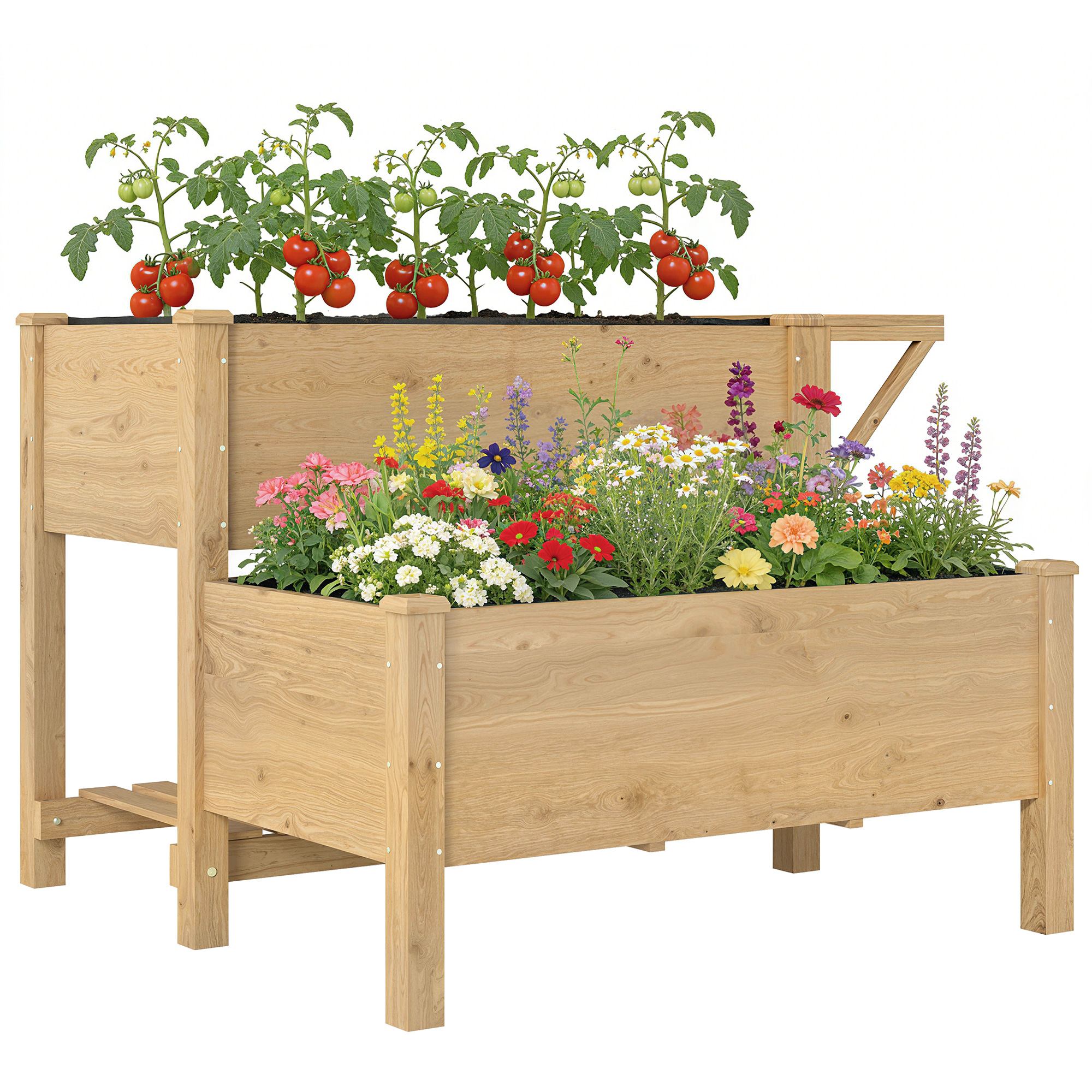Zweistöckiges Hochbeet Aus Holz, Mit Wintervlies Ausgekleidet Und Mit Abflussloch Versehen, 119,5 X 102 X 76,5 Cm, Hellbraun