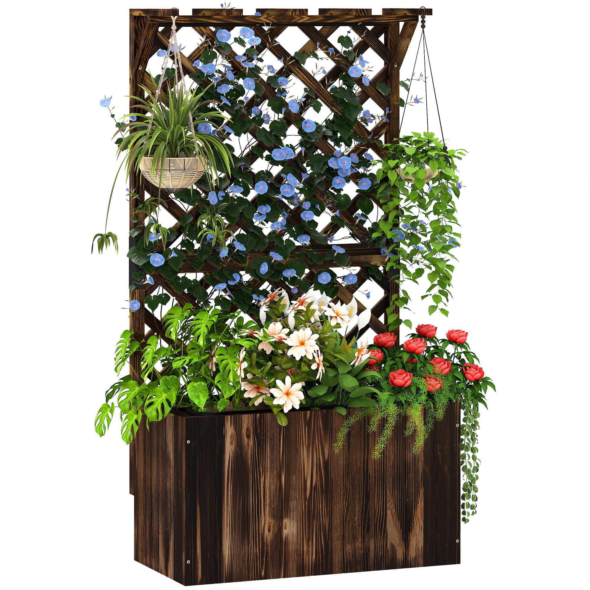 Hochbeet Mit Rankgitter, Blumenkasten Aus Holz, Gartenrankgitter 64 X 33 X 122 Cm, Karbonisierte Oberfläche