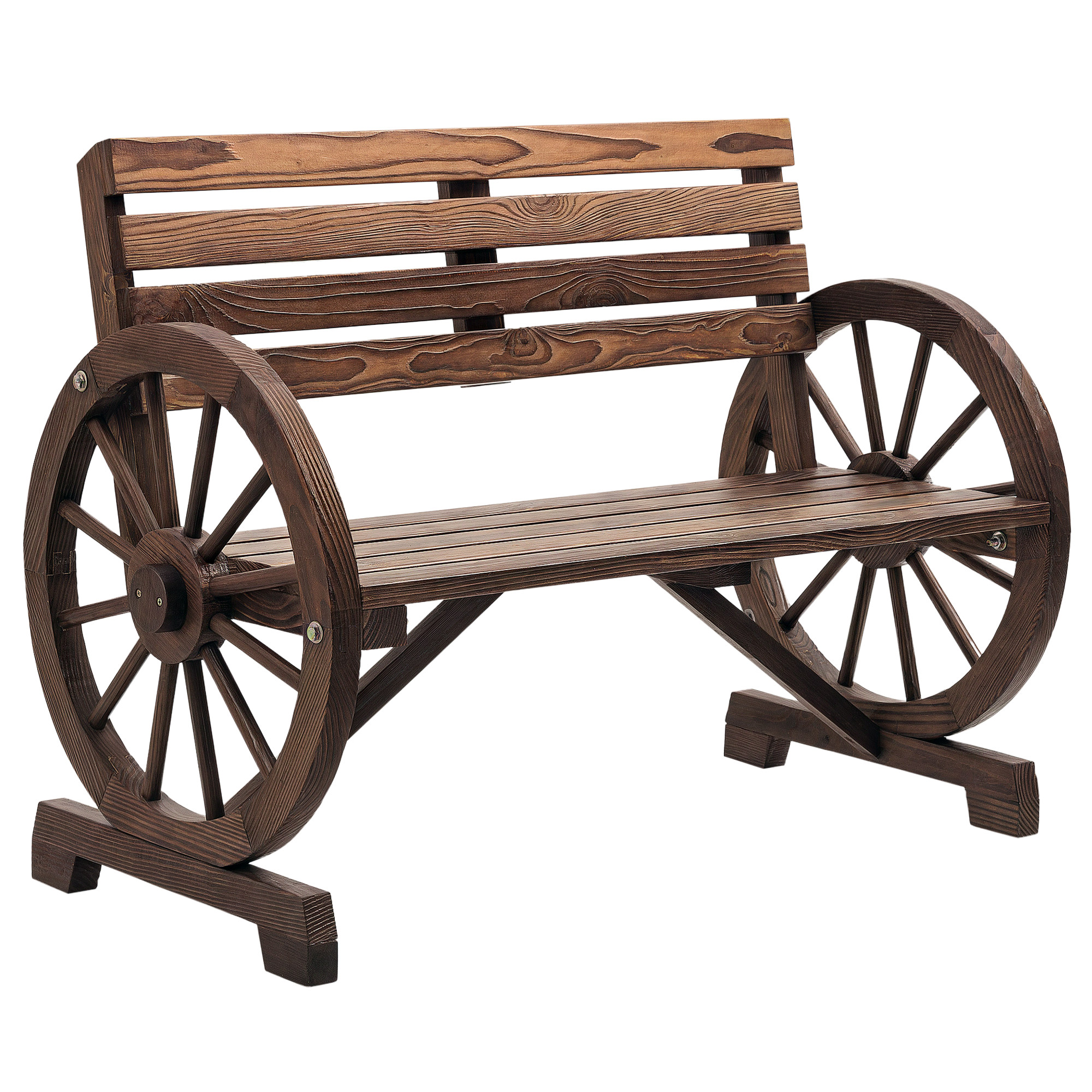 Zweisitzige Gartenbank Aus Holz Mit Lattenrahmen Und Wagenradförmigen Armlehnen, 105,5 X 56 X 79 Cm, Gebranntes Braun