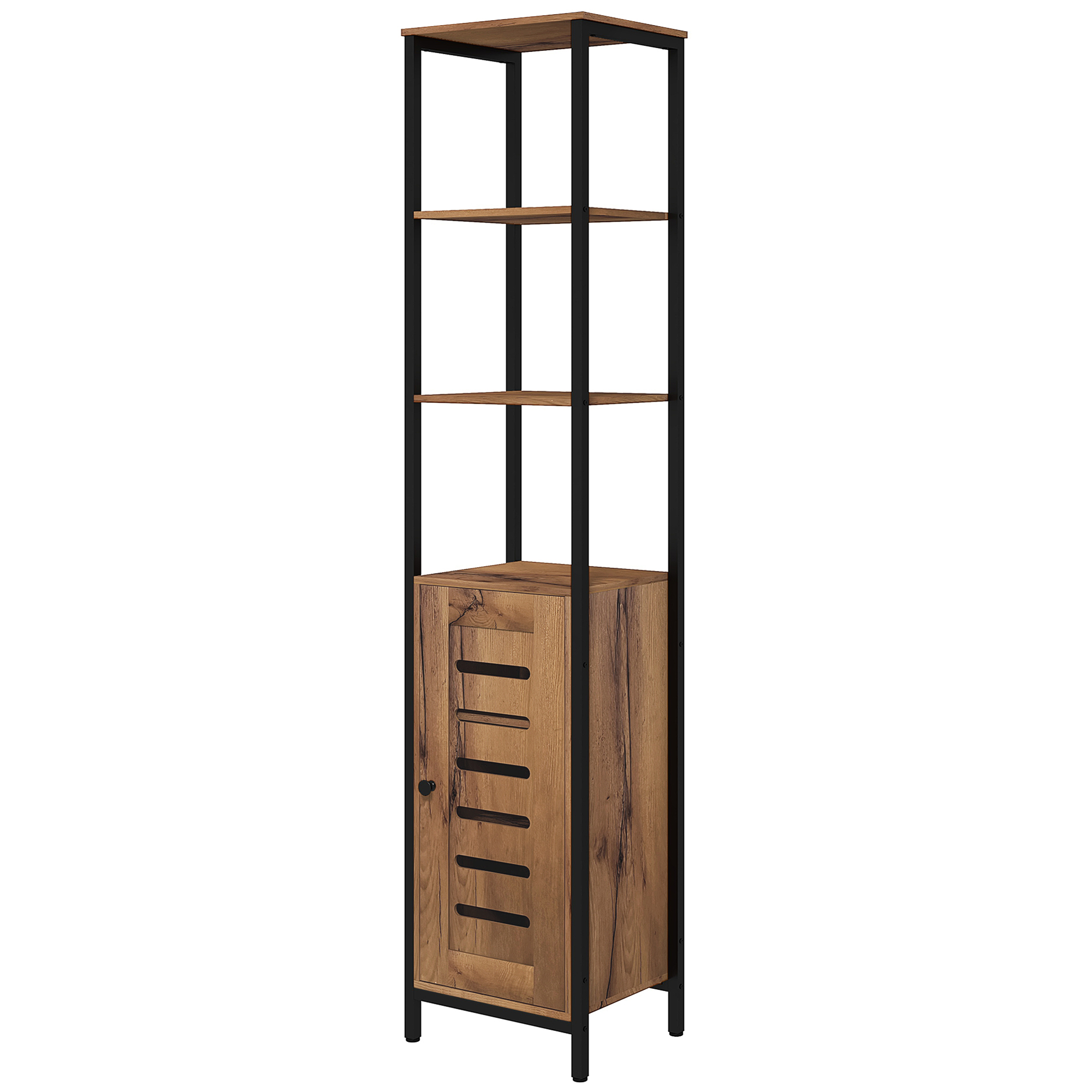 Schmaler Badezimmerschrank Mit Lamellentür, Verstellbaren Einlegeböden, Offenen Fächern, 37 X 30 X 167 Cm, Rustikal Braun