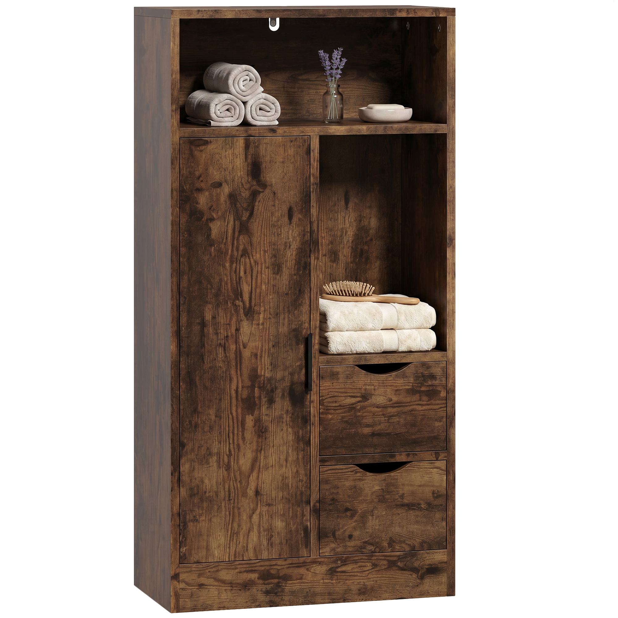 Schmaler Badezimmerschrank Mit Schubladen Und Offenen Fächern, Rustikal Braun