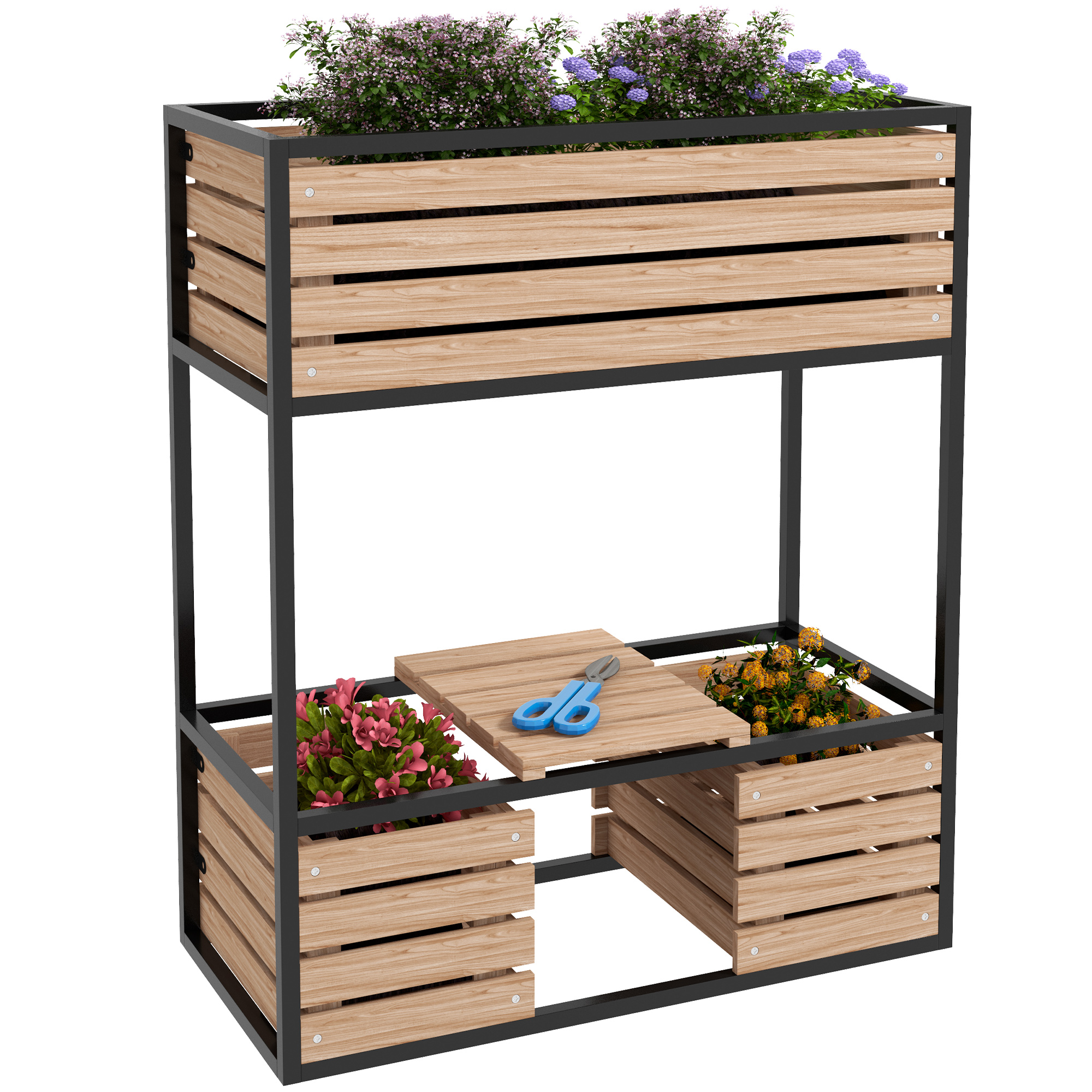Hochbeet, Blumenständer, Blumenkasten, Wetterfest, 3 Tabletts, 83 Cm X 39 Cm X 100 Cm, Natur Und Schwarz