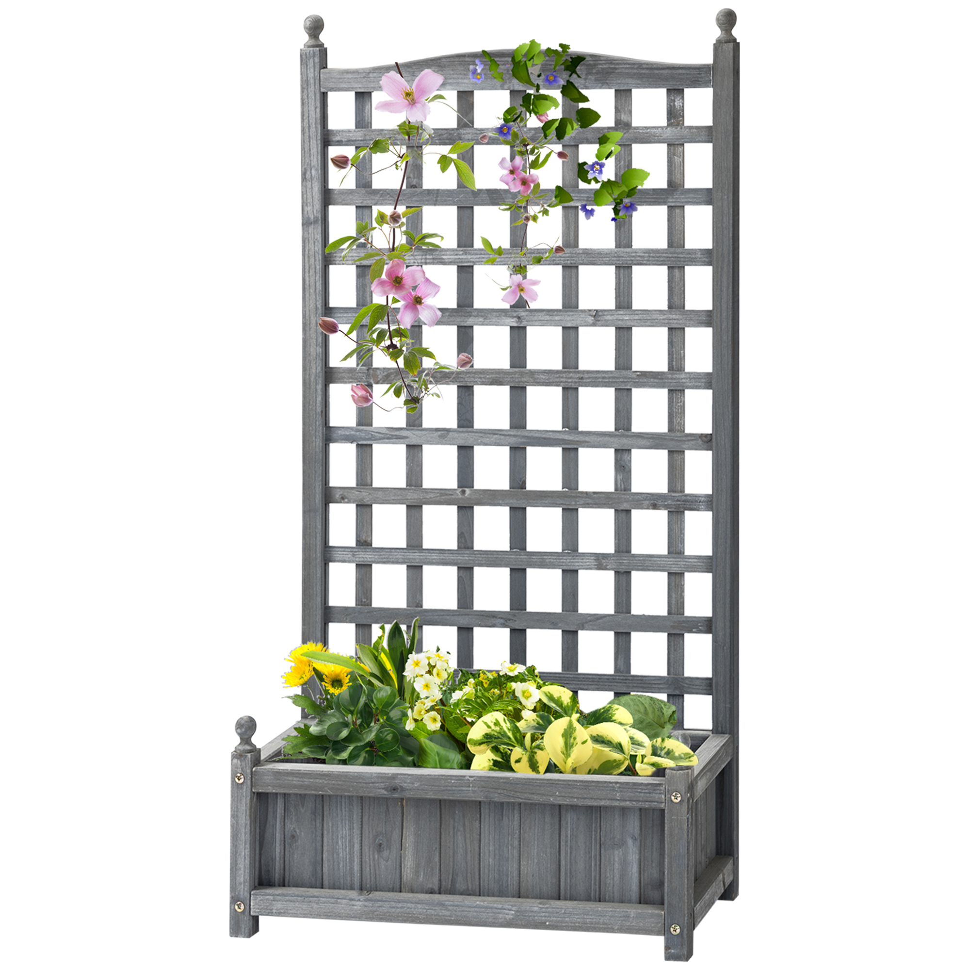 Hochbeet Mit Rankgitter, Blumenkasten, Pflanzgefäß Für Kletterpflanzen, Rosenbogen Mit Kletterpflanzenstütze, Gartenholz, Grau, 64 X 28 X 120 Cm