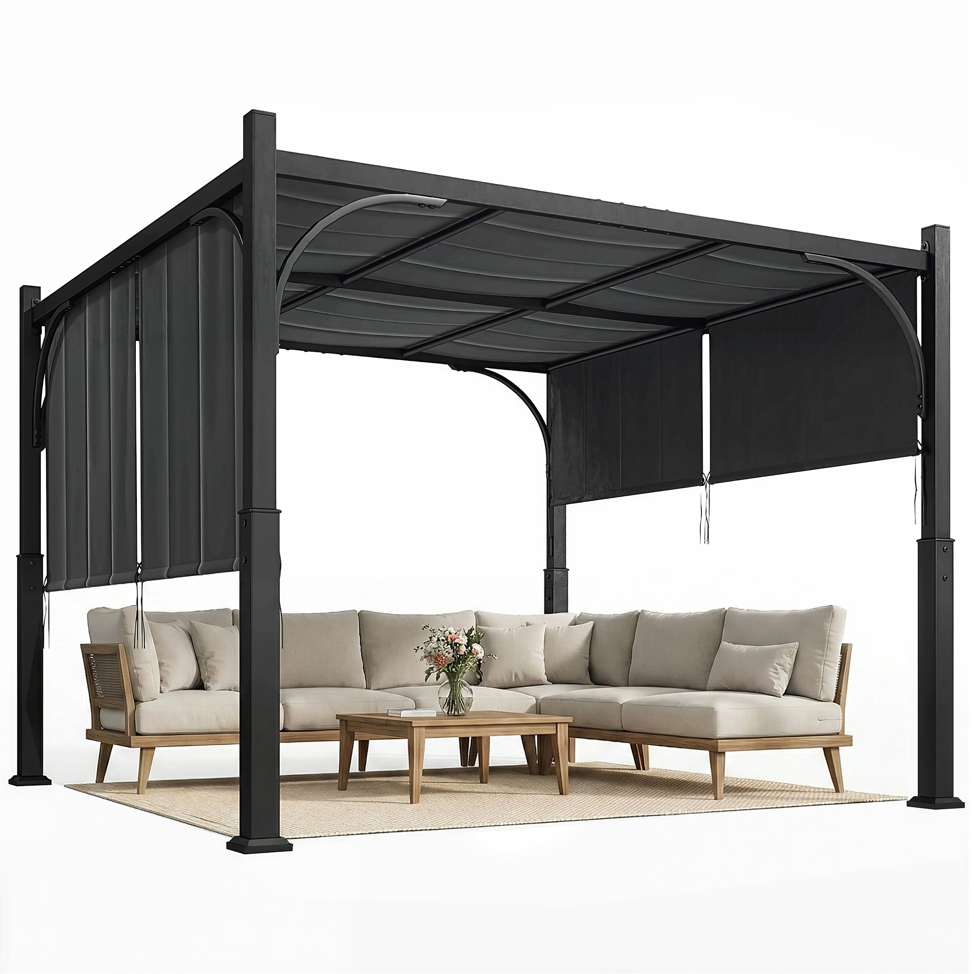 3 X 3 M Große Gartenpergola Mit Schiebedach, Metallrahmen, Für Den Außenbereich, Dunkelgrau
