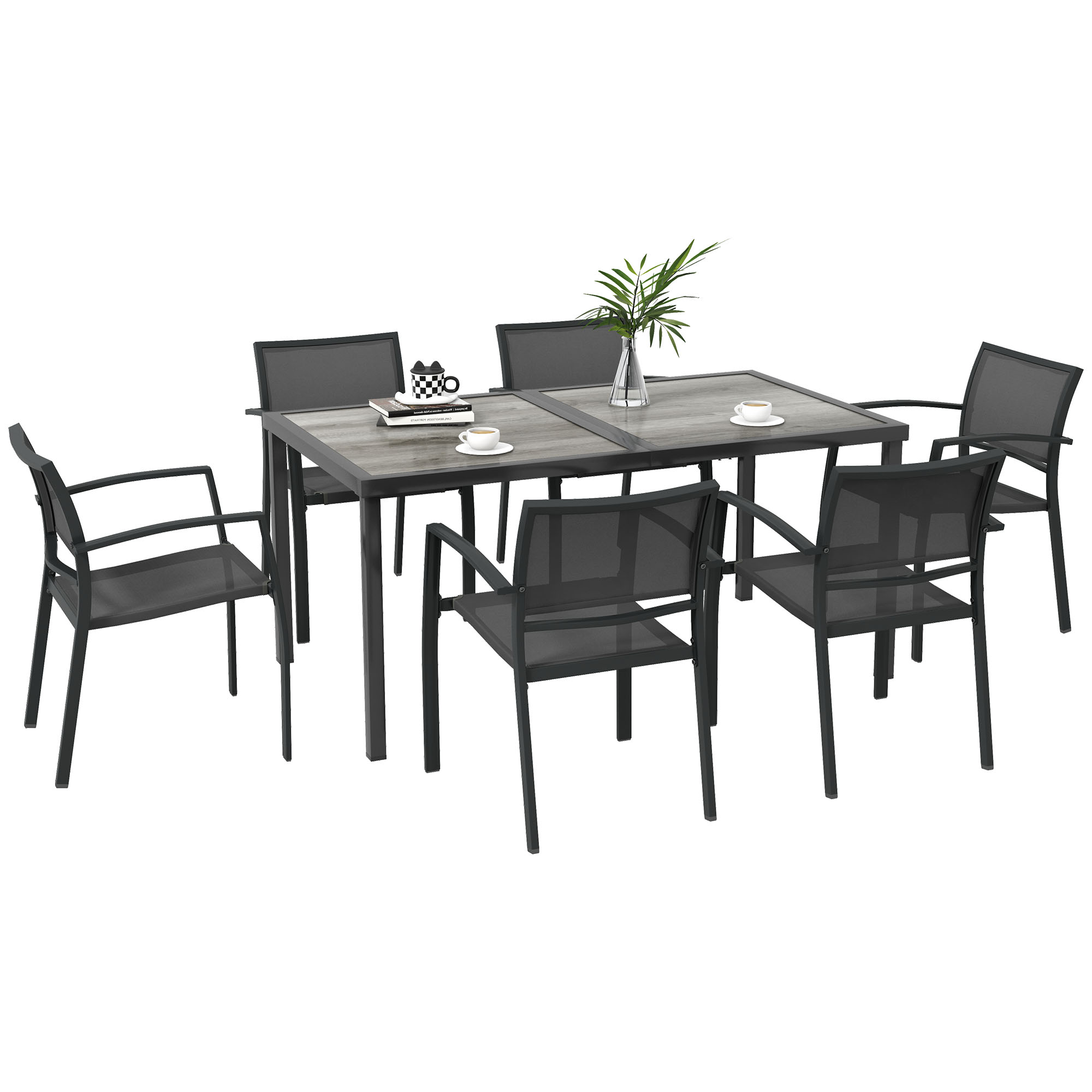 Gartenmöbelset Mit 6 Stapelbaren Stühlen Aus Netzgewebe Und Einem Tisch In Holzoptik, Grau