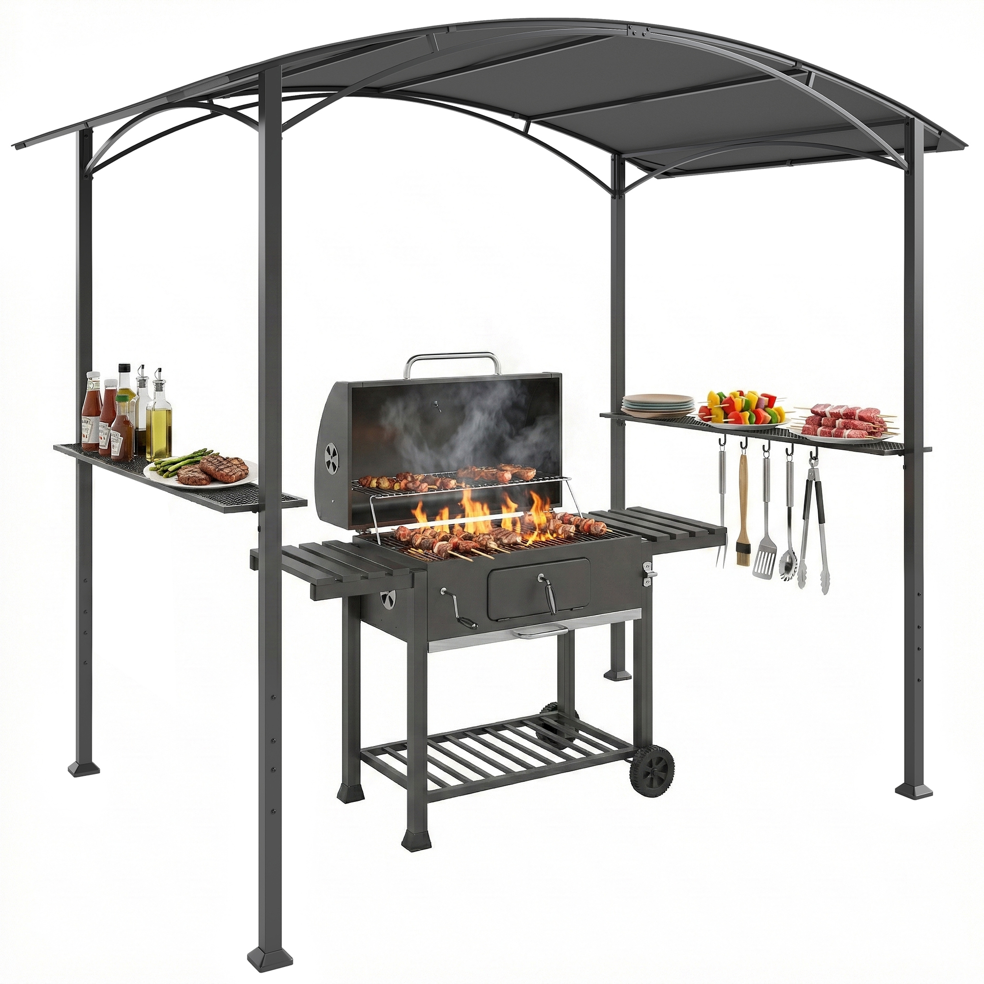 Pergola Für Den Außenbereich Mit 2 Seitlichen Ablagen Und Haken, 2,4 X 1,5 M, Dunkelgrau.