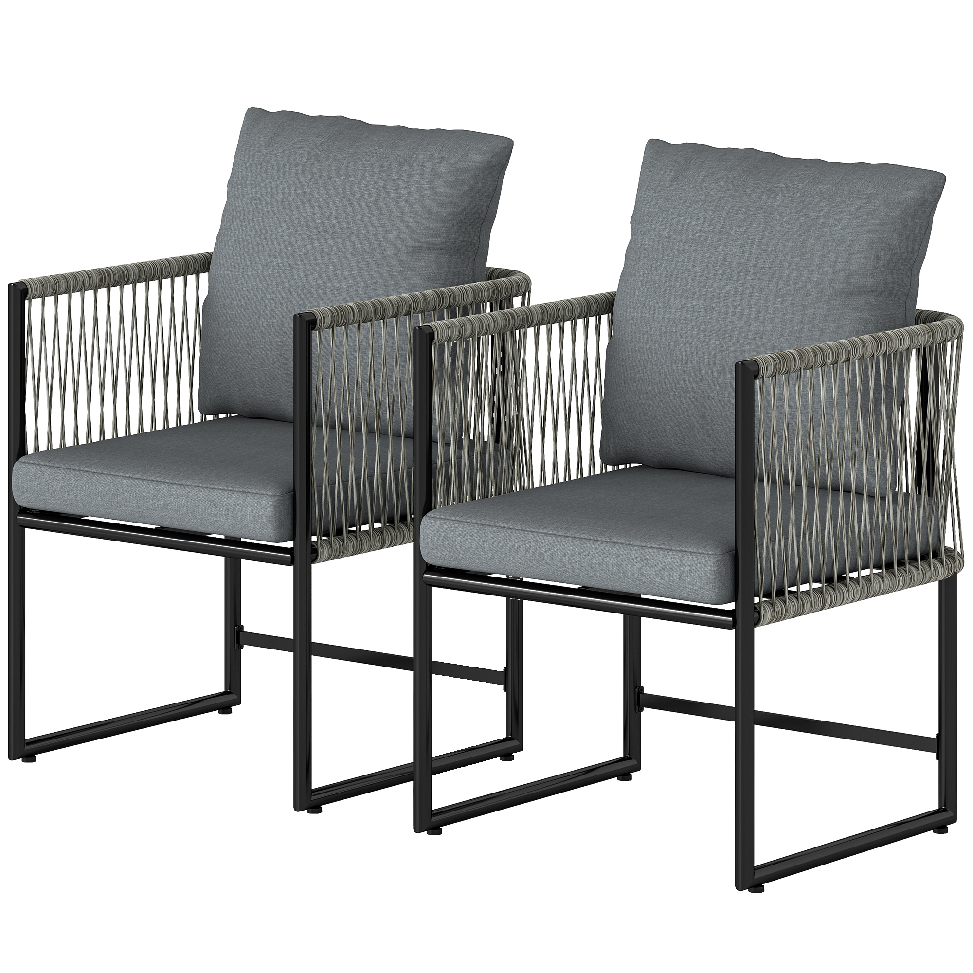 Set Aus 2 Wetterfesten Gartenstühlen Aus Stahl Und Pe-rattan, Mit Kissen, Armlehnen Und Rückenlehne, 52 X 52 X 66 Cm, Dunkelgrau