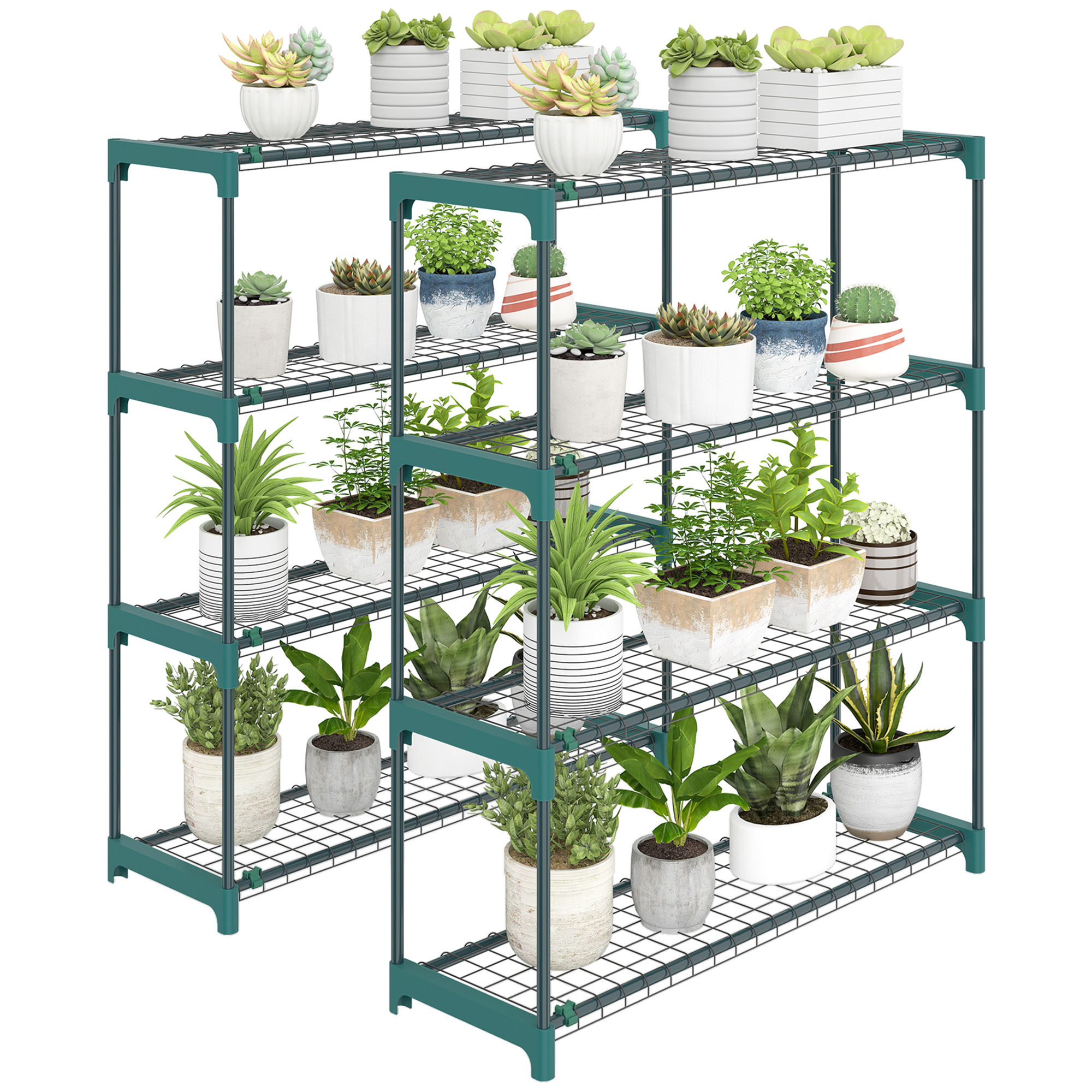 Set Aus 2 Pflanzenständern, 4 Ebenen, 104 Cm Hoch, Blumenständer Für Drinnen Und Draußen, Aus Stahl, Dunkelgrün