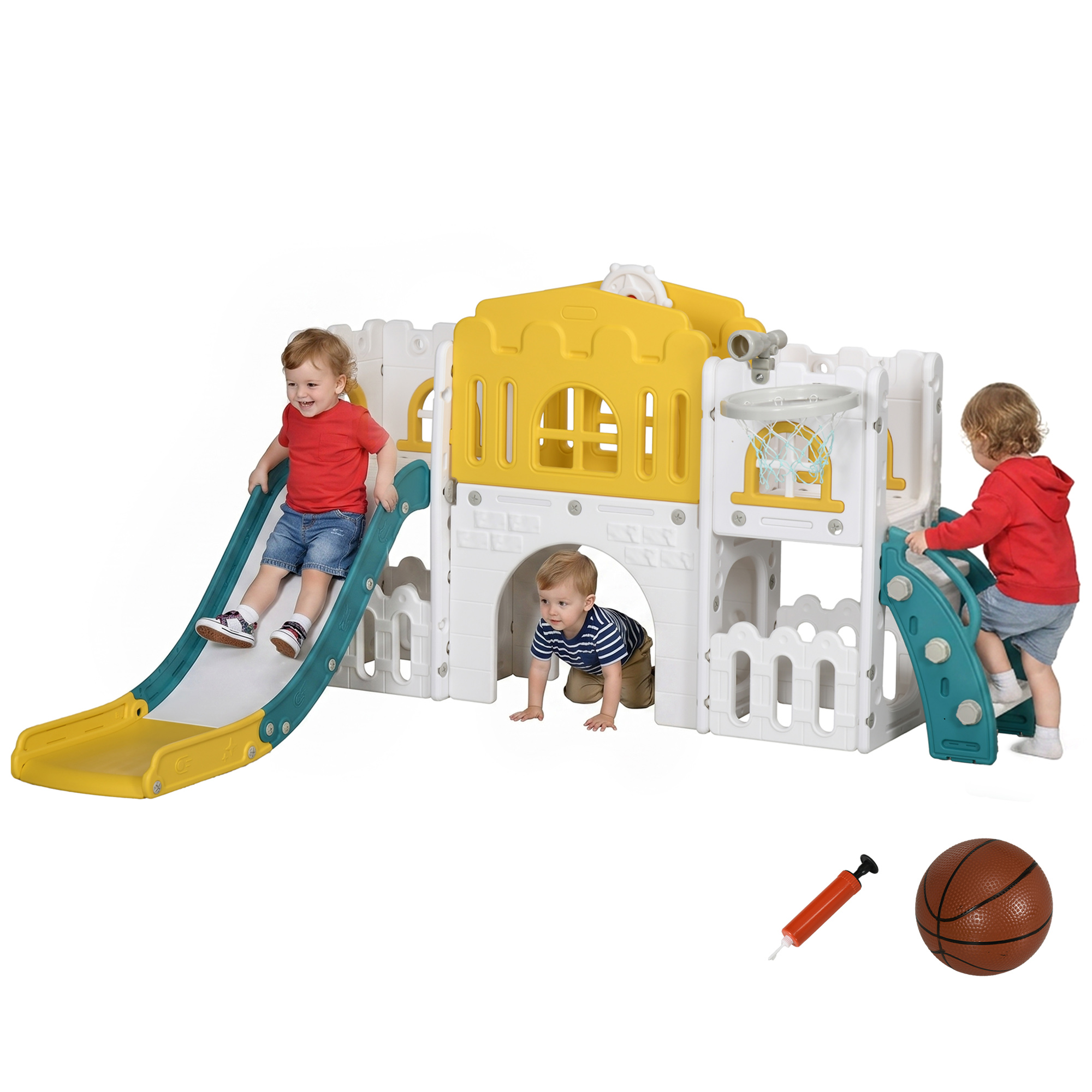 Kinderrutsche, 7-in-1-spielanlage Mit Basketballkorb Und Federball, Für Kinder Von 1-3 Jahren, 178 X 177 X 99 Cm, Gelb/weiß/grün
