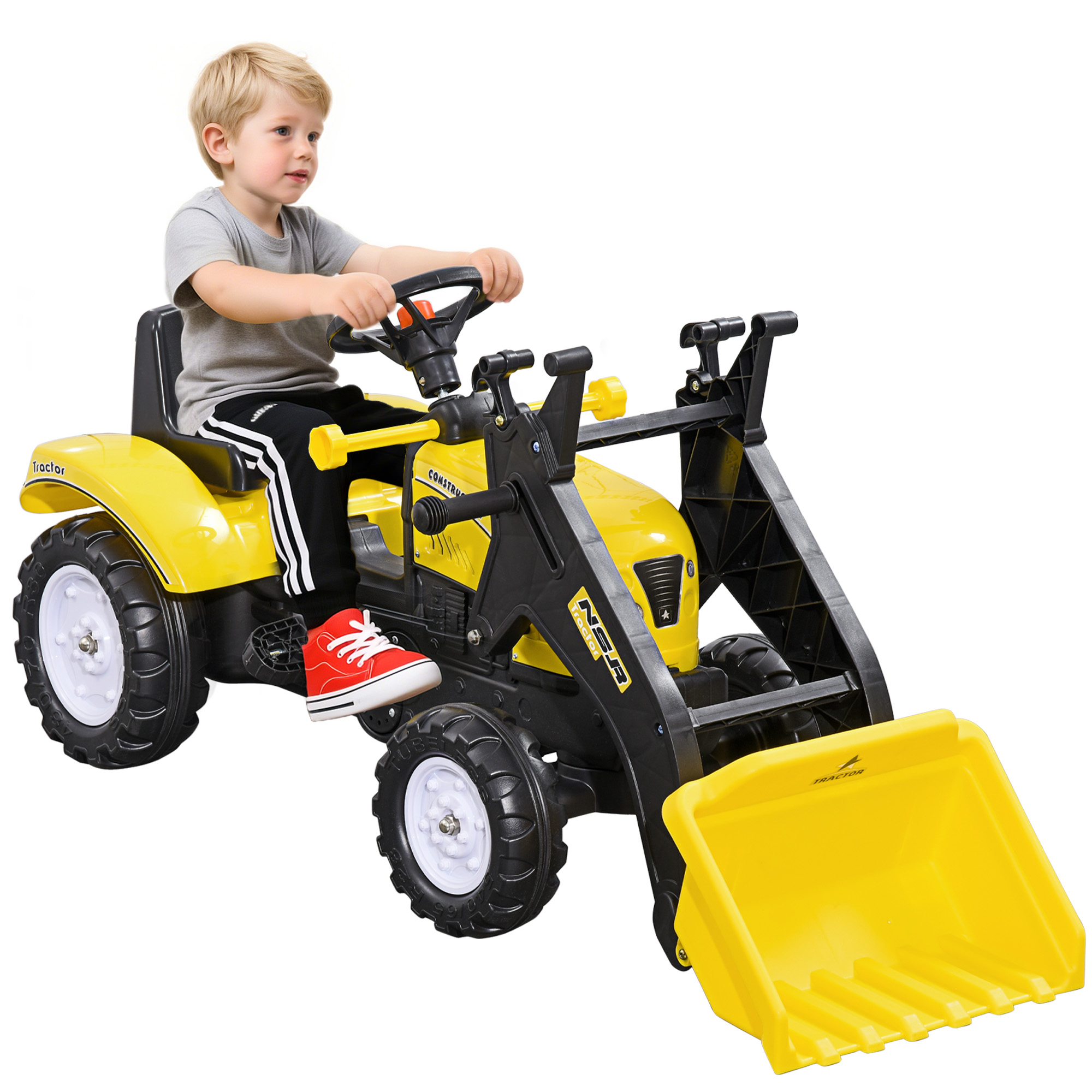 Radlader Für Kinder, Mobile Schaufel, Hupe, Pedalbetrieben, Ab 3 Jahren, Metallgestell, Gelb, 114 X 41 X 52 Cm
