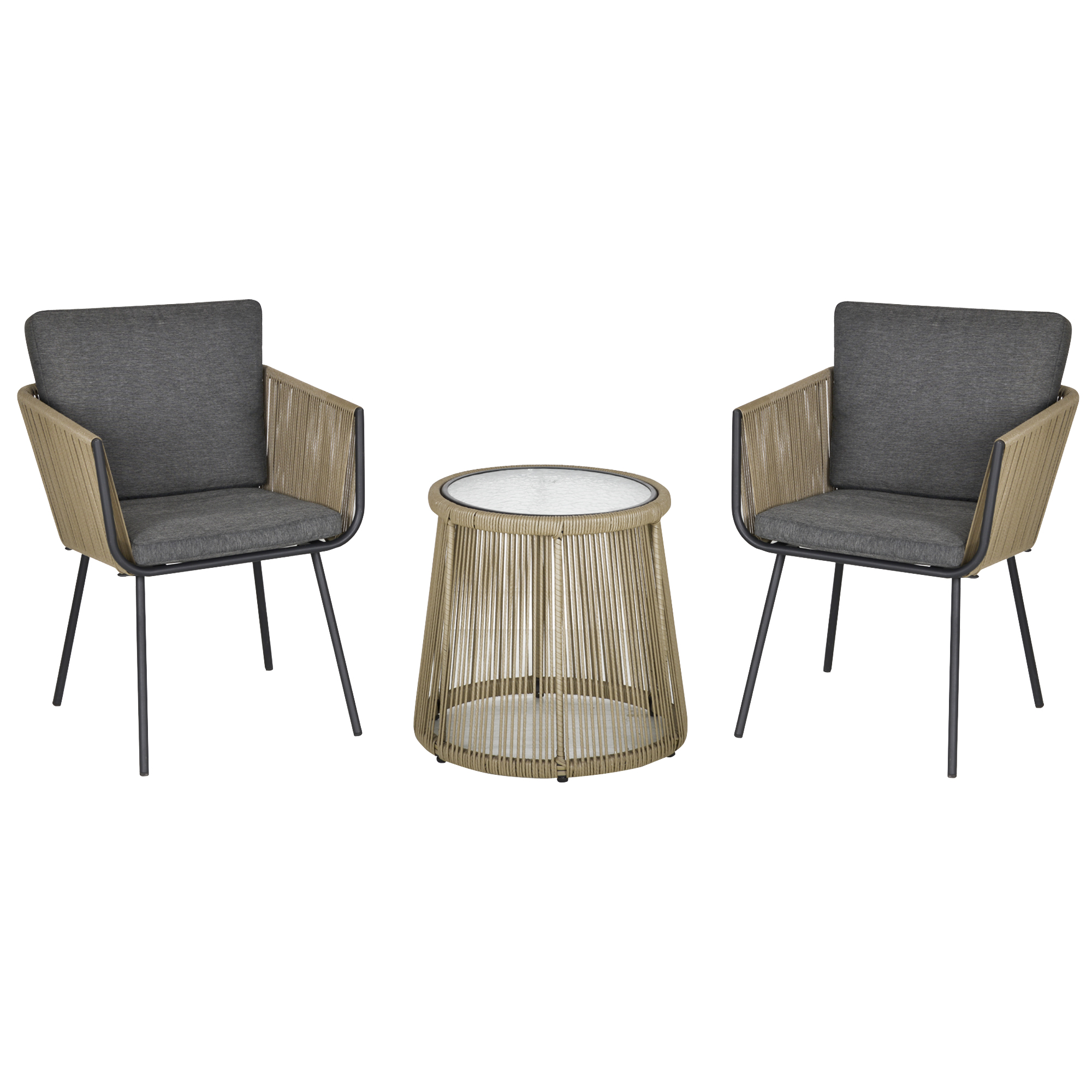 Set Aus 2 Gartensesseln Mit Passendem Couchtisch Aus Pe-rattan, Im Bohème-stil, Khaki Und Grau