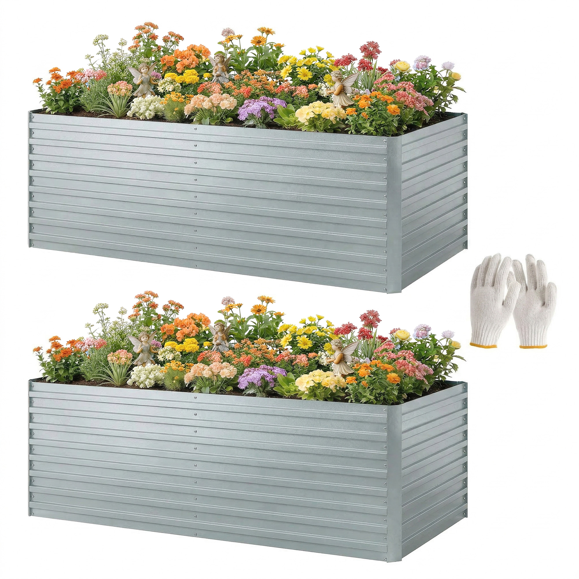 Set Mit 2 Verzinkten Hochbeeten, 180 X 90 X 60 Cm, Metall-hochbeete Mit Sicherheitsrand, Silberfarben