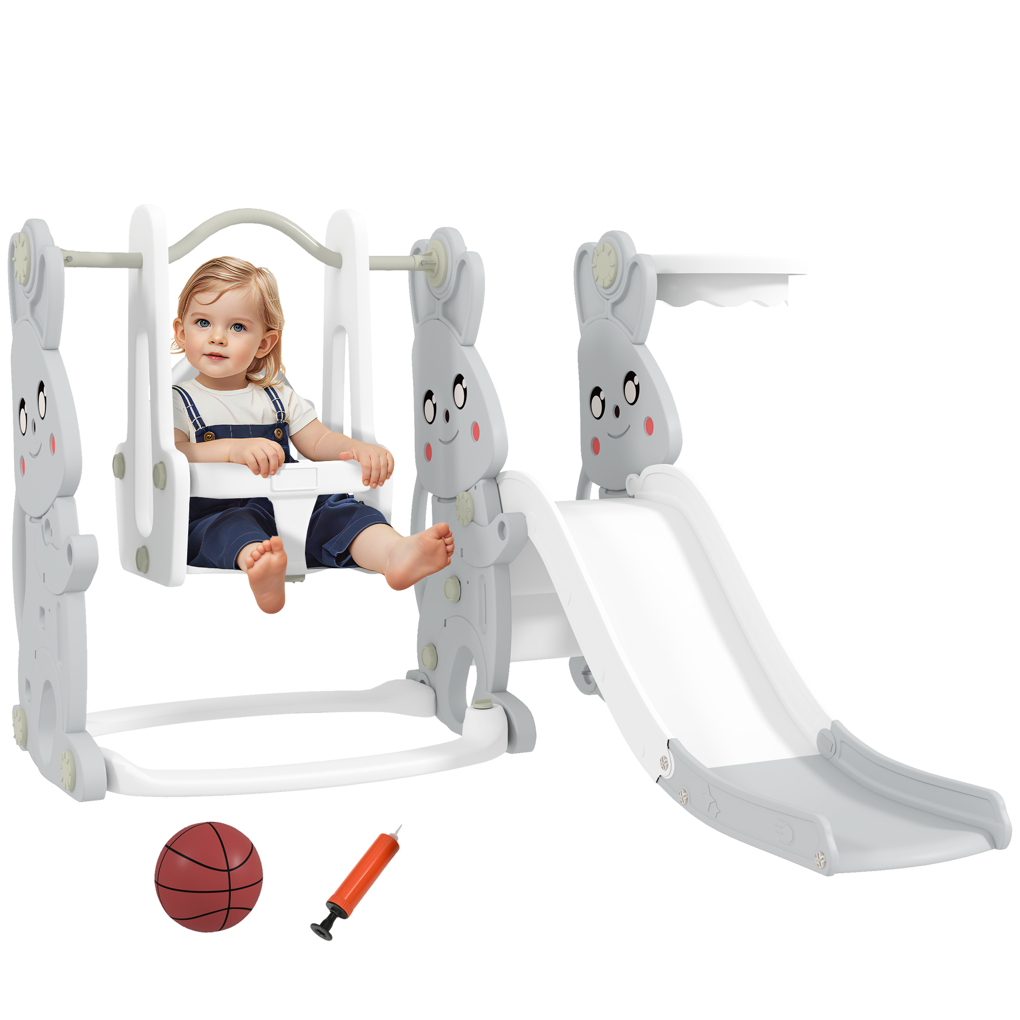 4-in-1-spielset Für Kleinkinder: Rutsche, Schaukel, Klettergerüst, Basketballkorb, Kunststoff, Hasenmuster, Grau.