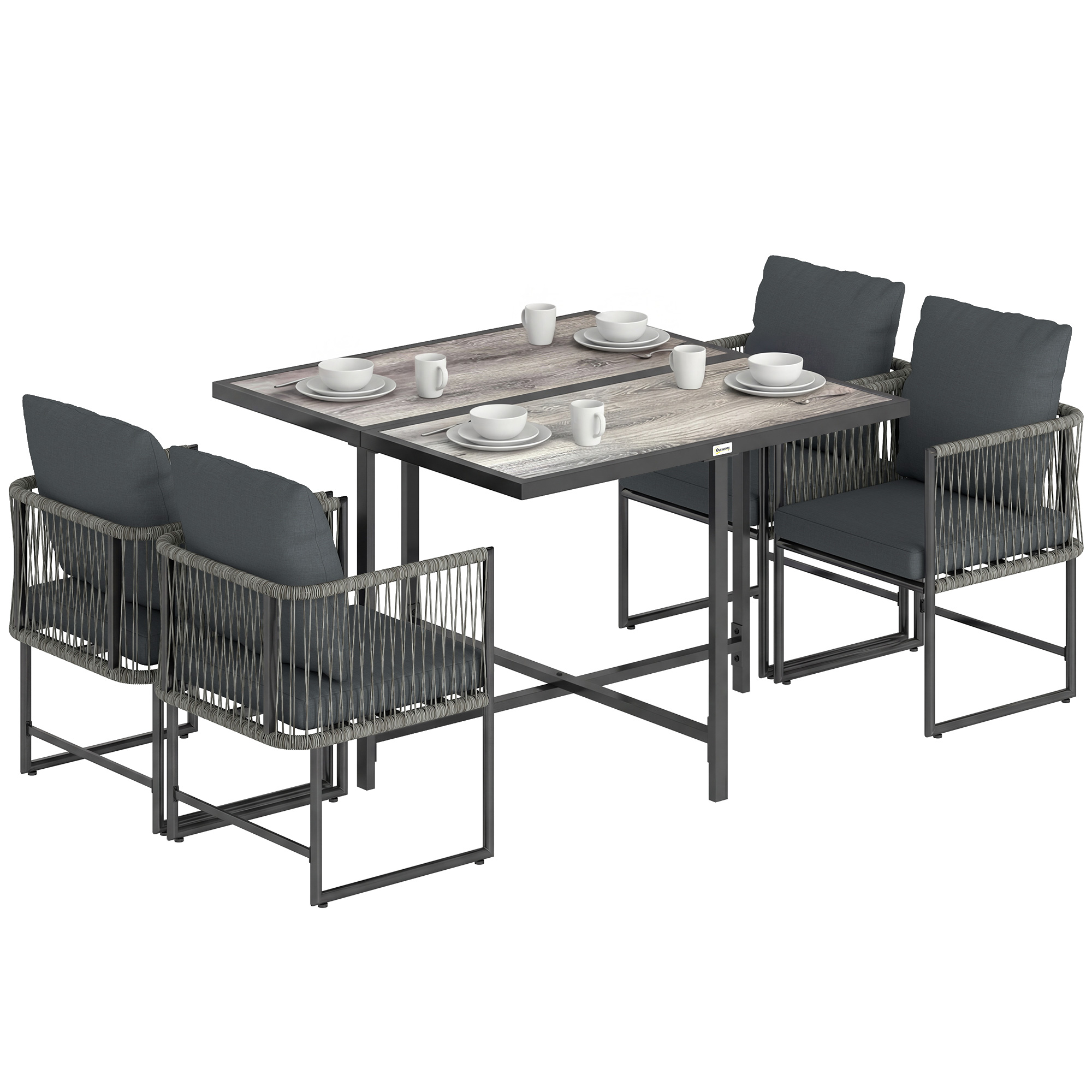 5-teiliges Gartenmöbelset Aus Polyrattan, Platzsparende Lounge-ecke, Tisch Und 4 Stühle, Tischplatte Aus Kunstharz, Kissen, Grau